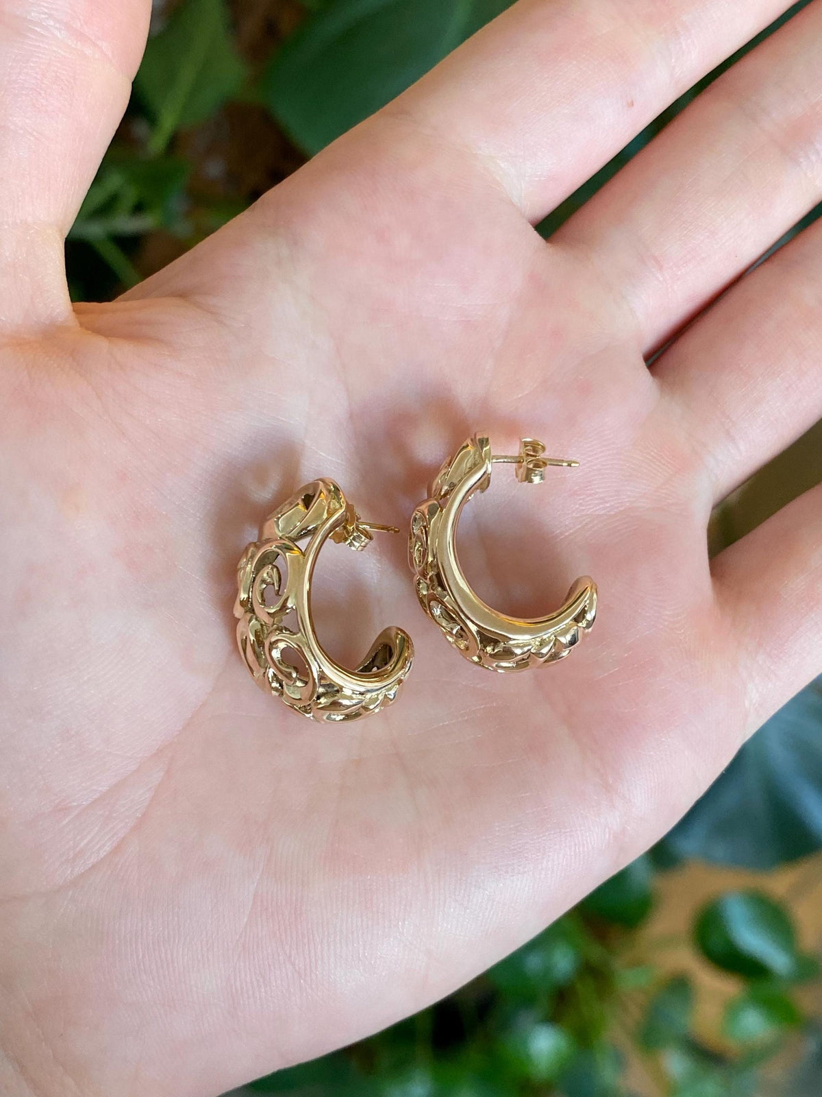 Vintage Solid 14k Rosey Gold Scroll Open Work Drop Stud Earrings