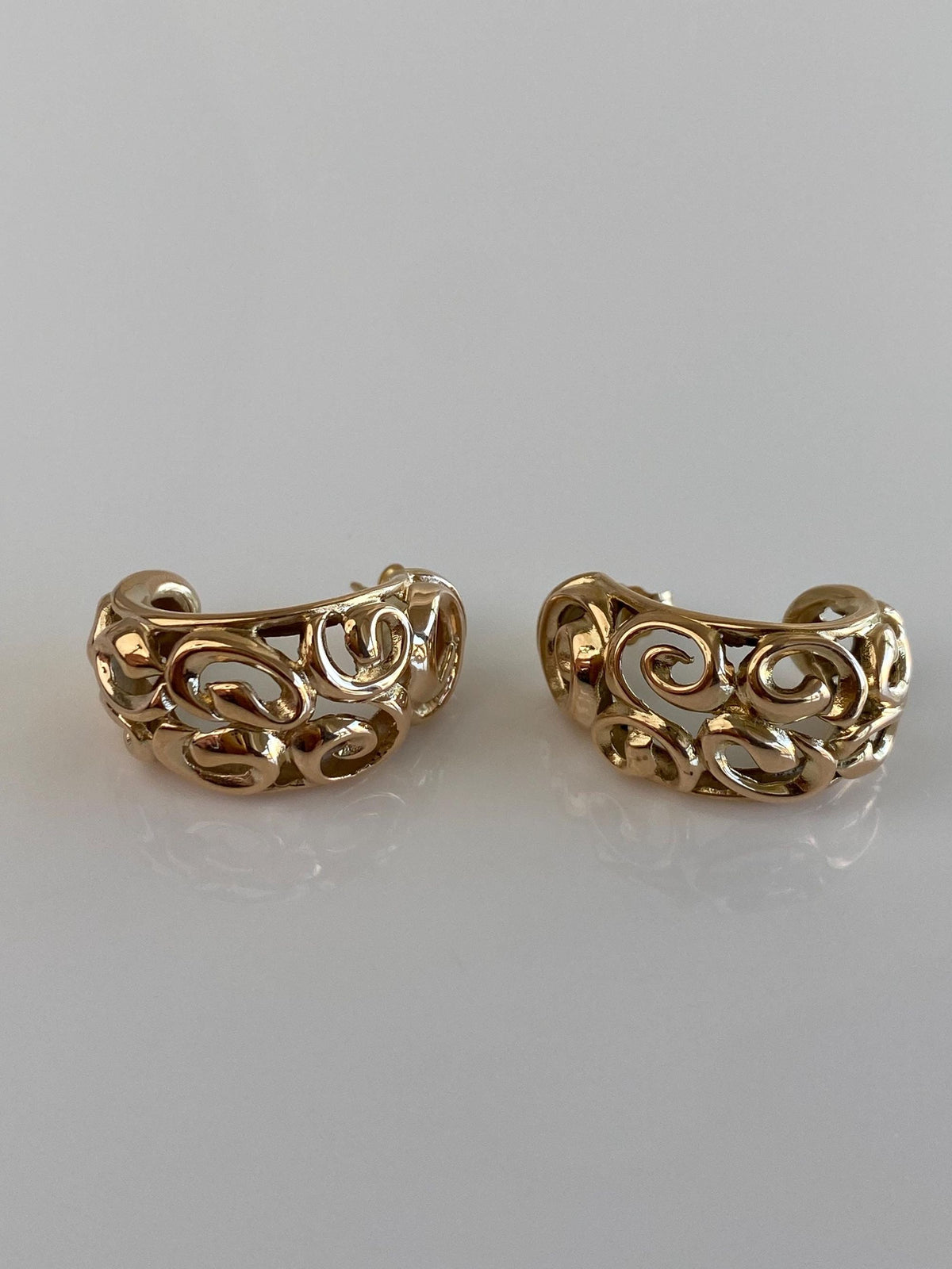 Vintage Solid 14k Rosey Gold Scroll Open Work Drop Stud Earrings