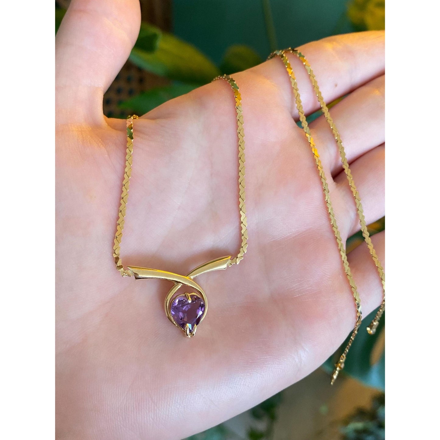 Solid 14k Yellow Gold Amethyst Heart Link Chain Necklace - 17.75 inches
