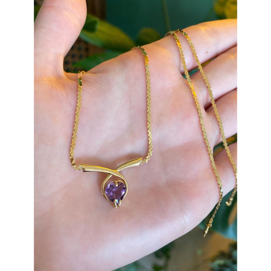 Solid 14k Yellow Gold Amethyst Heart Link Chain Necklace - 17.75 inches