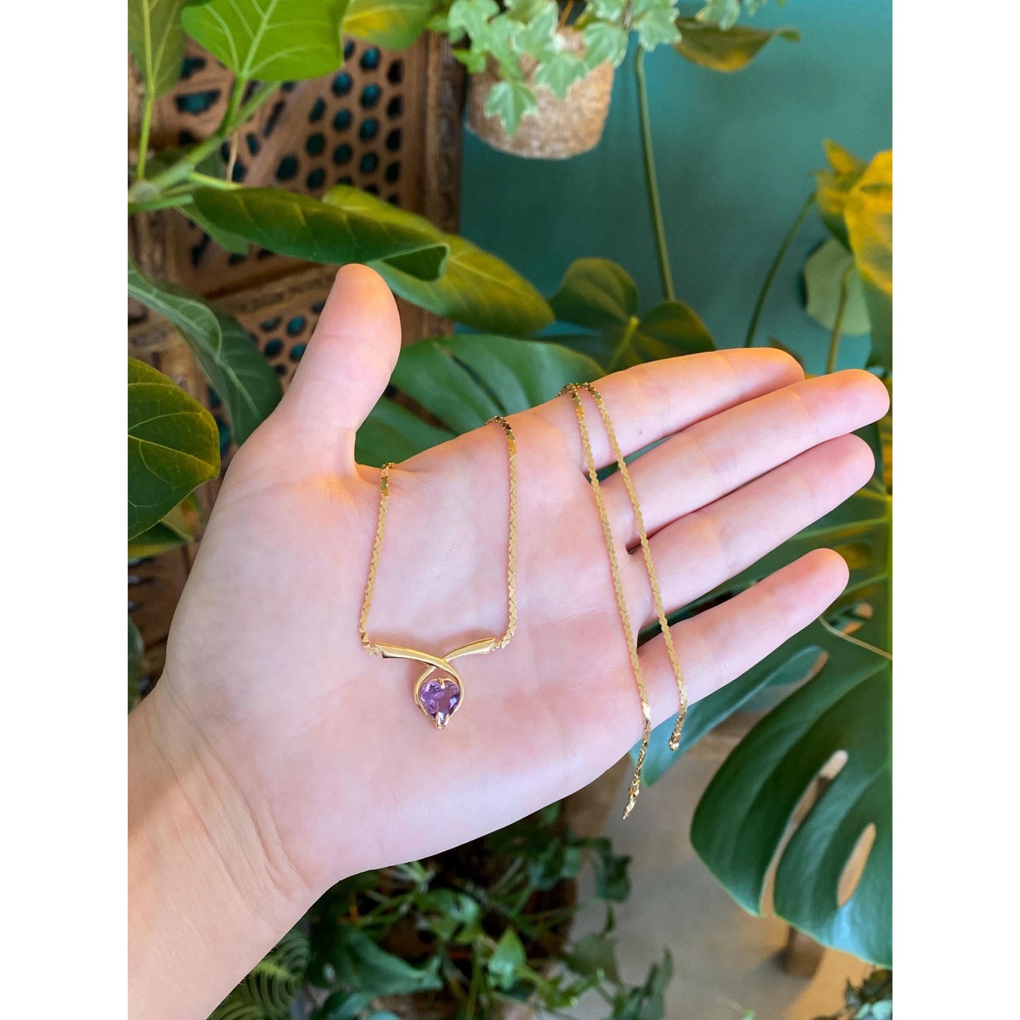 Solid 14k Yellow Gold Amethyst Heart Link Chain Necklace - 17.75 inches