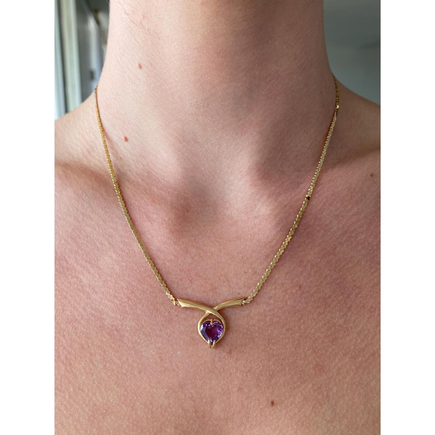 Solid 14k Yellow Gold Amethyst Heart Link Chain Necklace - 17.75 inches