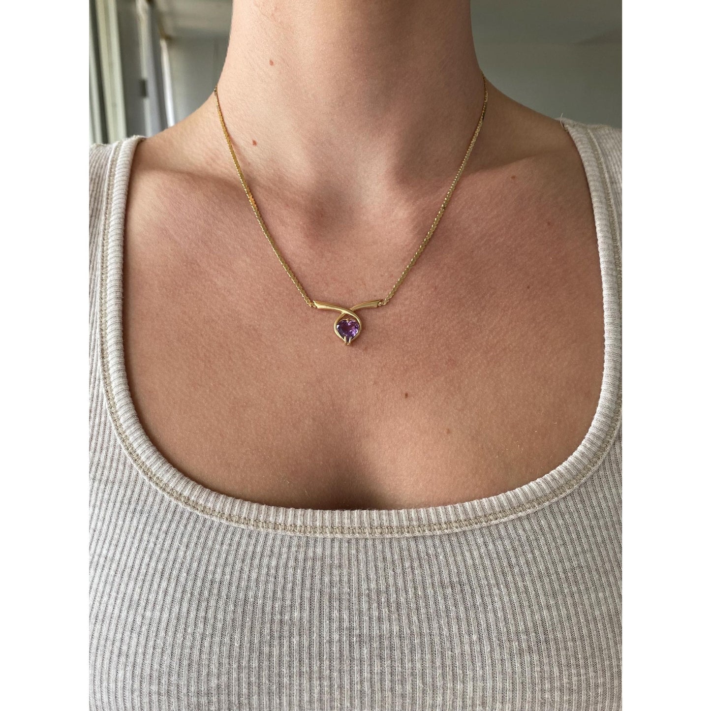 Solid 14k Yellow Gold Amethyst Heart Link Chain Necklace - 17.75 inches