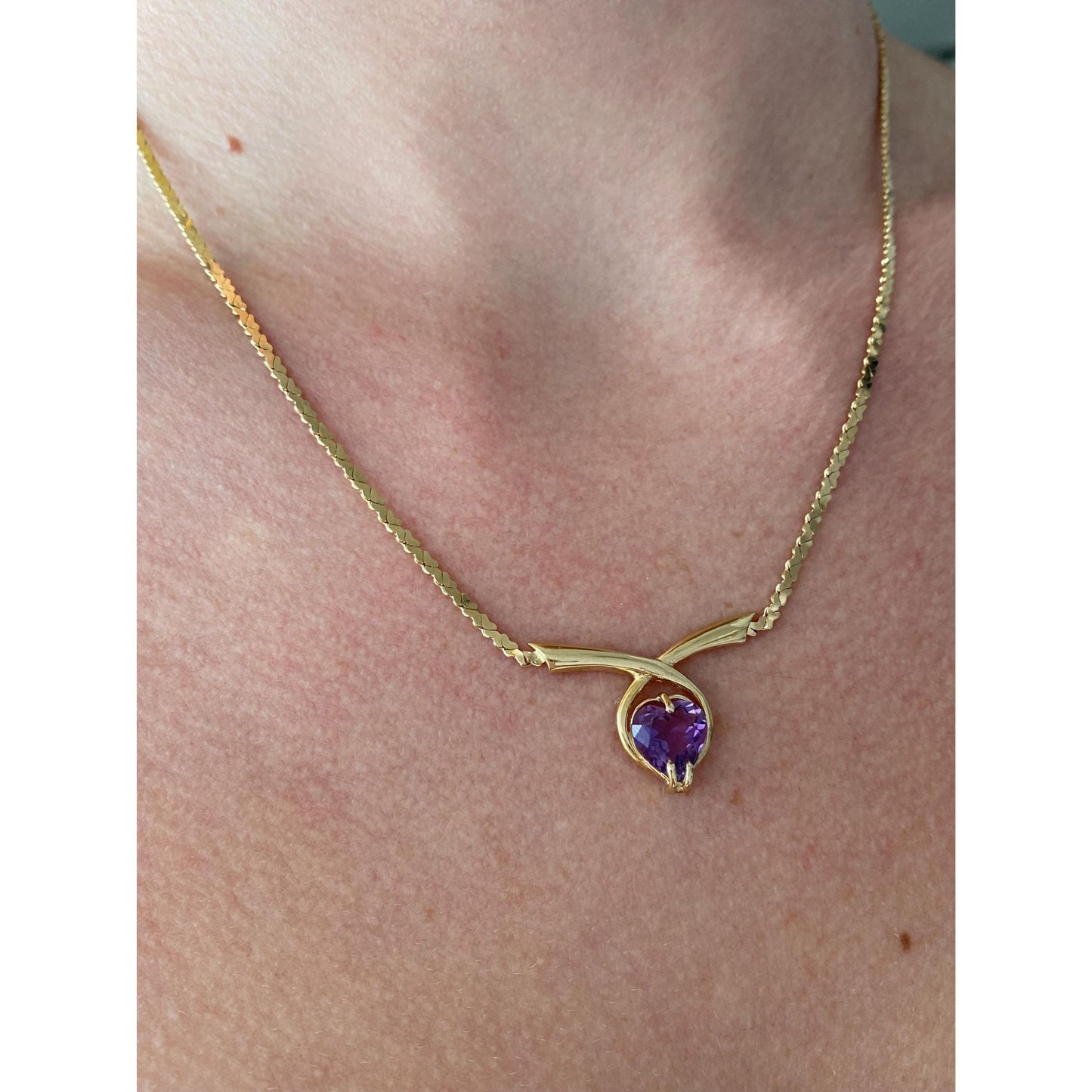 Solid 14k Yellow Gold Amethyst Heart Link Chain Necklace - 17.75 inches