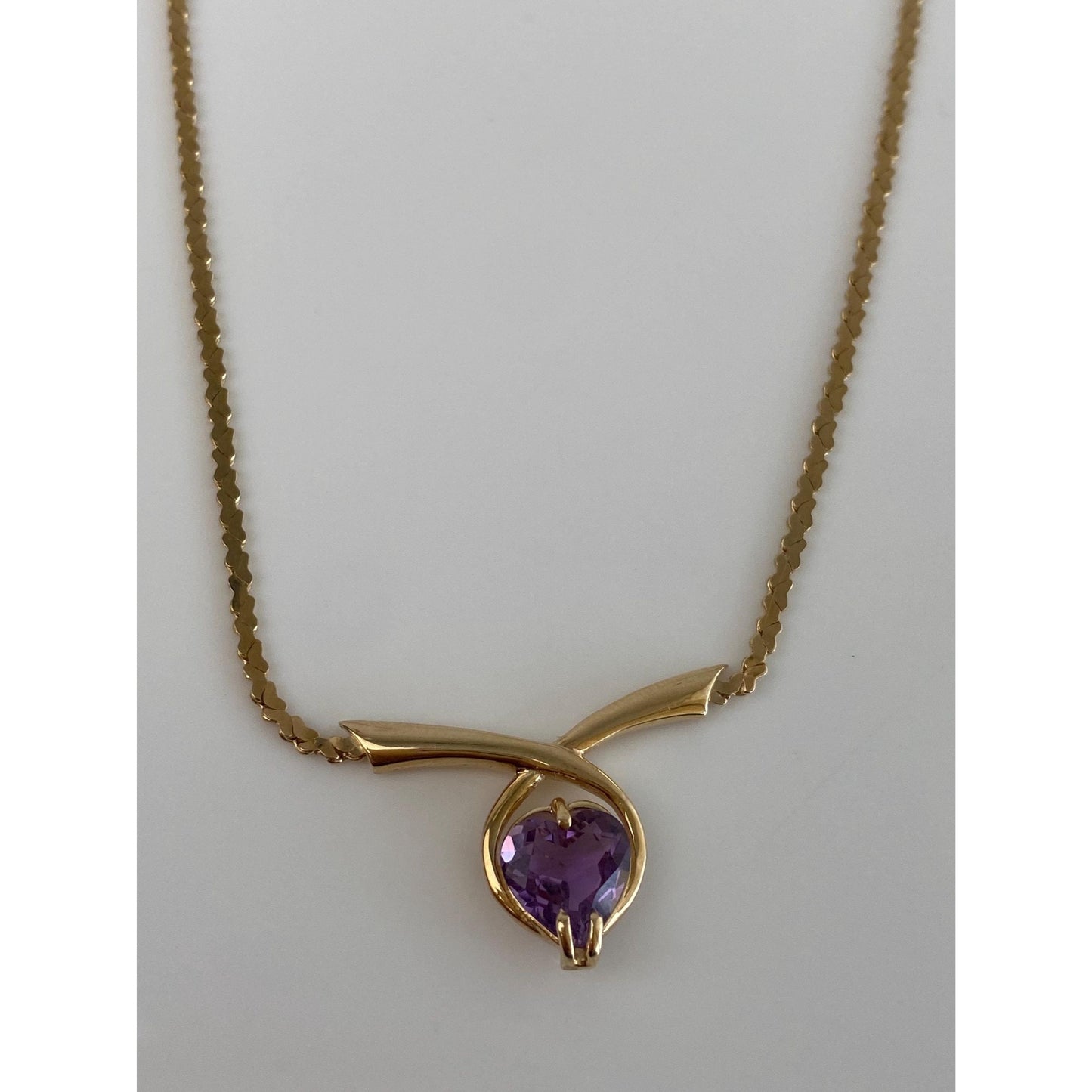 Solid 14k Yellow Gold Amethyst Heart Link Chain Necklace - 17.75 inches