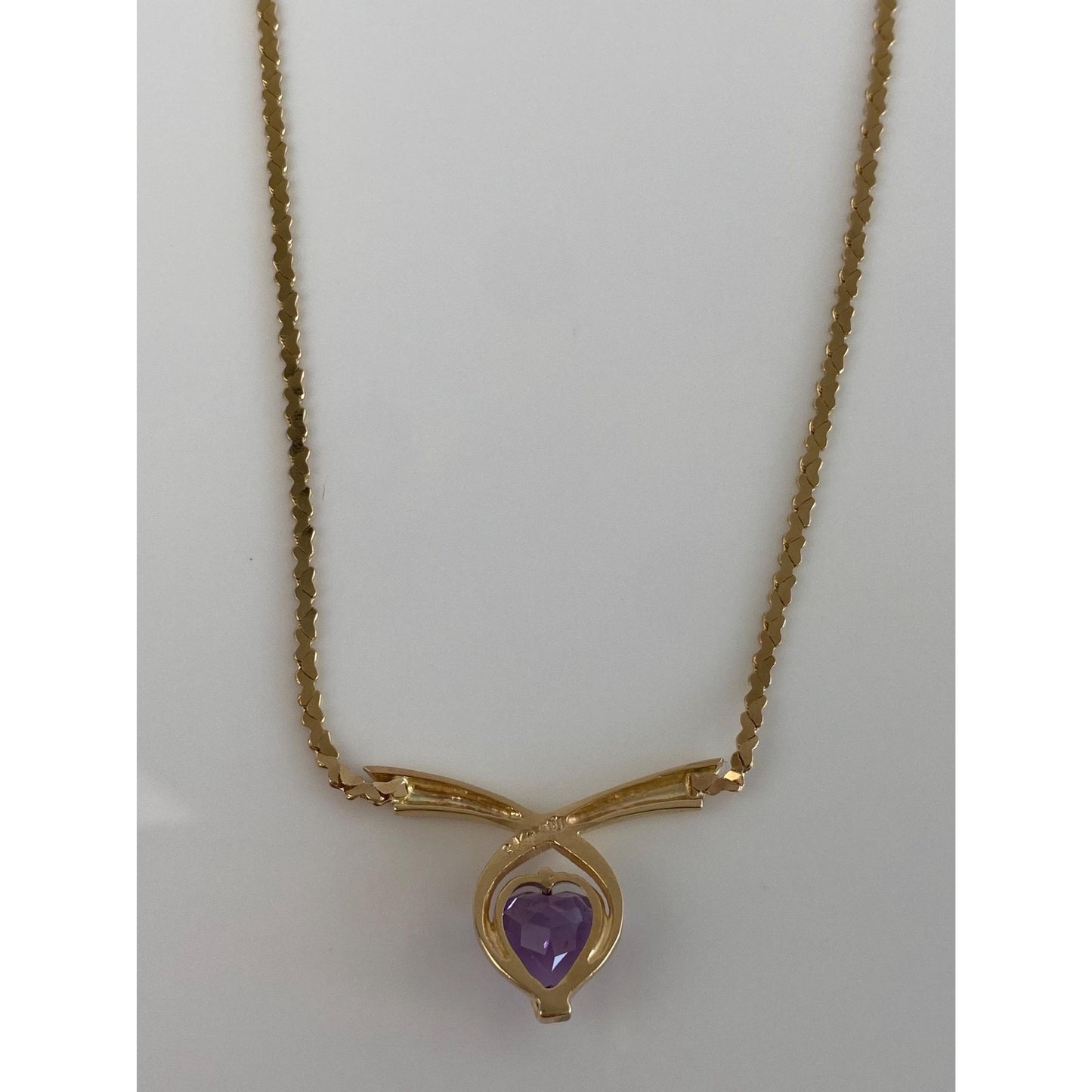 Solid 14k Yellow Gold Amethyst Heart Link Chain Necklace - 17.75 inches