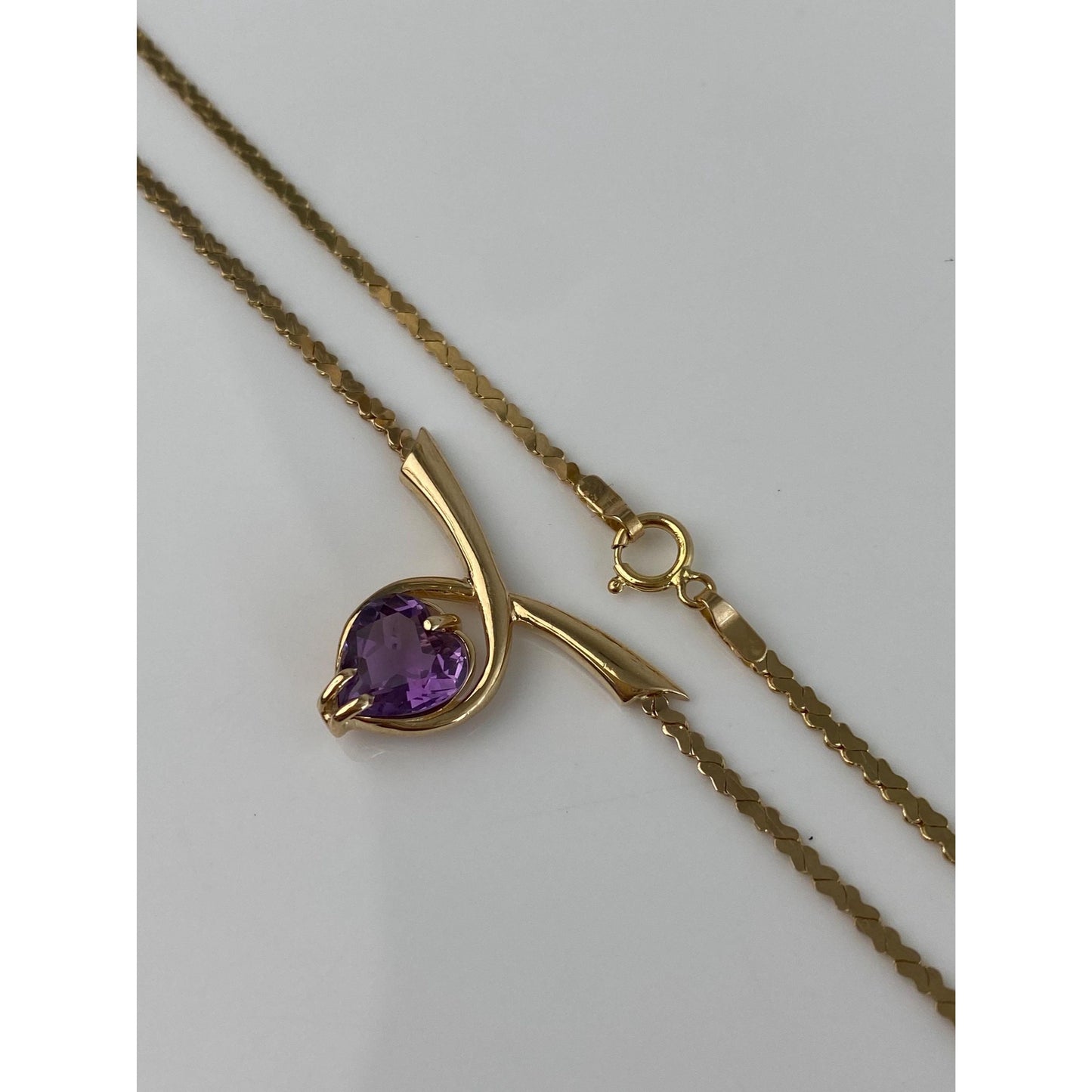 Solid 14k Yellow Gold Amethyst Heart Link Chain Necklace - 17.75 inches