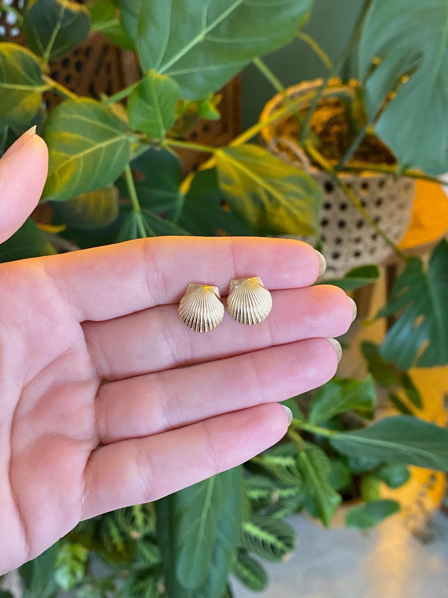 Vintage Solid 14k Yellow Gold Shell Stud Earrings