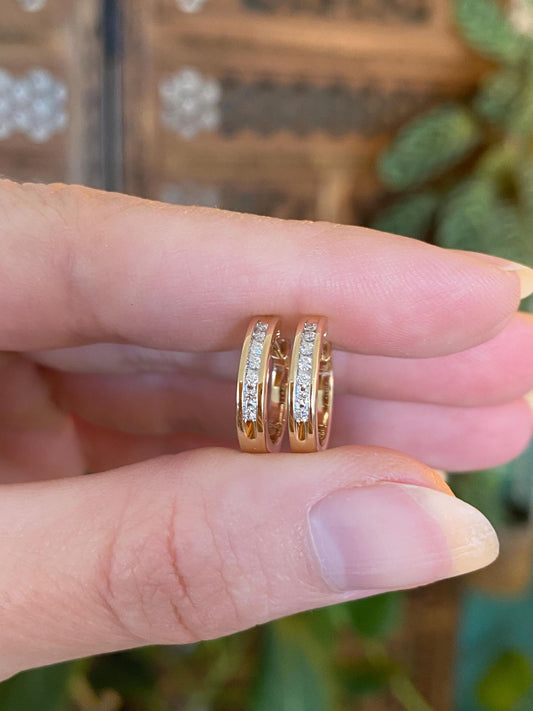 Vintage Solid 14k Yellow Gold Diamond Hoop Earrings