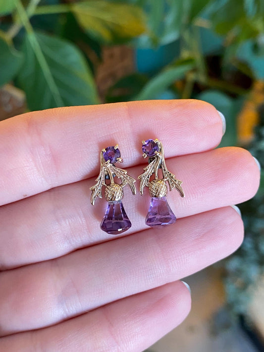 Vintage Solid 10k Yellow Gold Purple Cubic Zirconia Stud Earrings