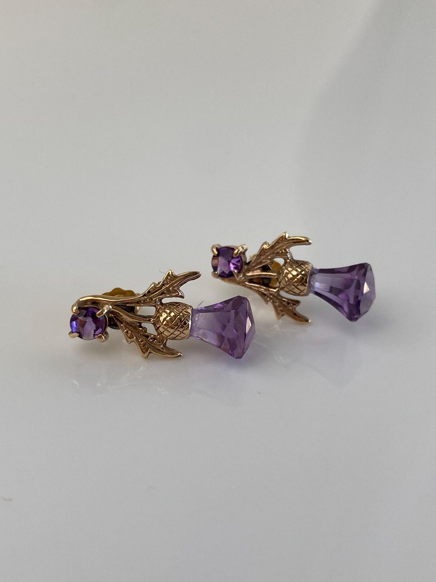 Vintage Solid 10k Yellow Gold Purple Cubic Zirconia Stud Earrings