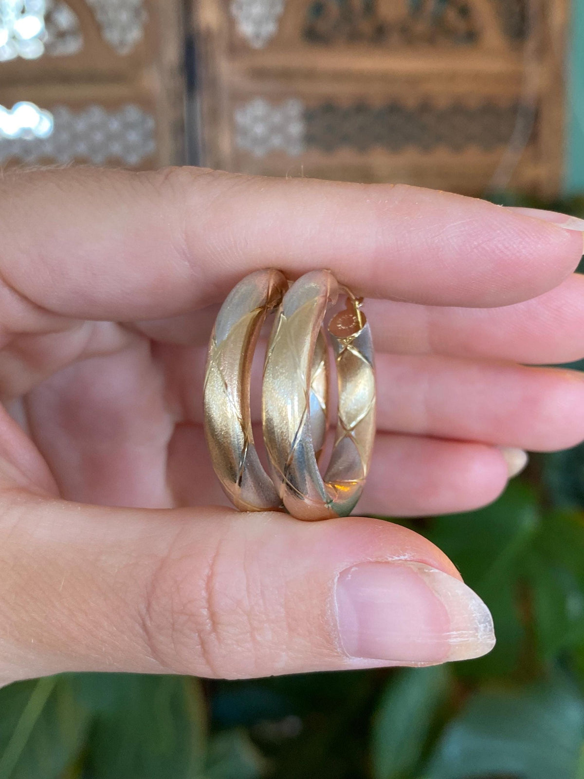 Vintage 14k Tri Tone Gold Checkerboard Pattern Hoop Earrings