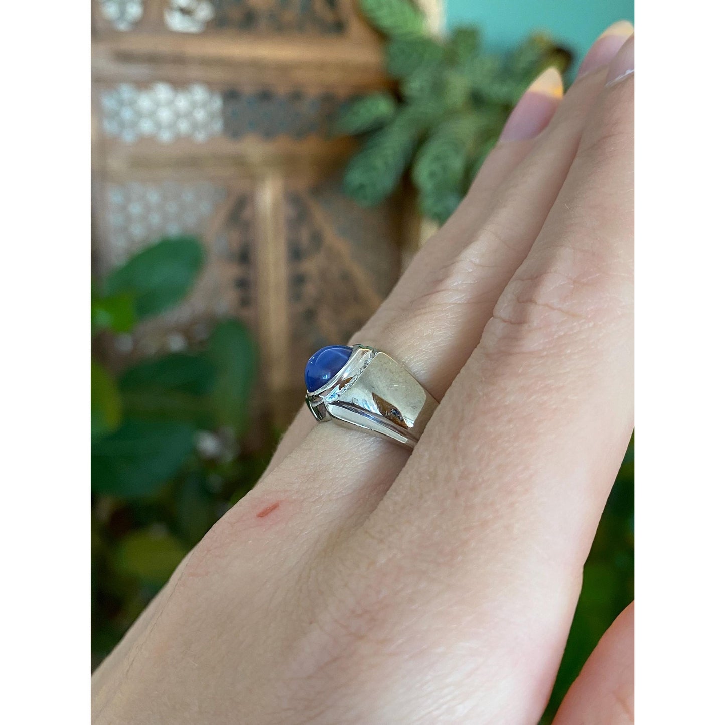 Vintage Solid 10k White Gold Diamond Blue Star Sapphire Ring Band - Size 7.5