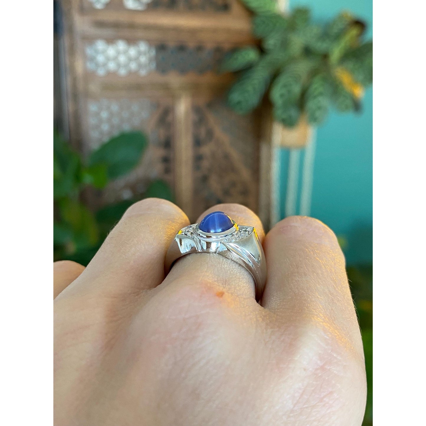 Vintage Solid 10k White Gold Diamond Blue Star Sapphire Ring Band - Size 7.5