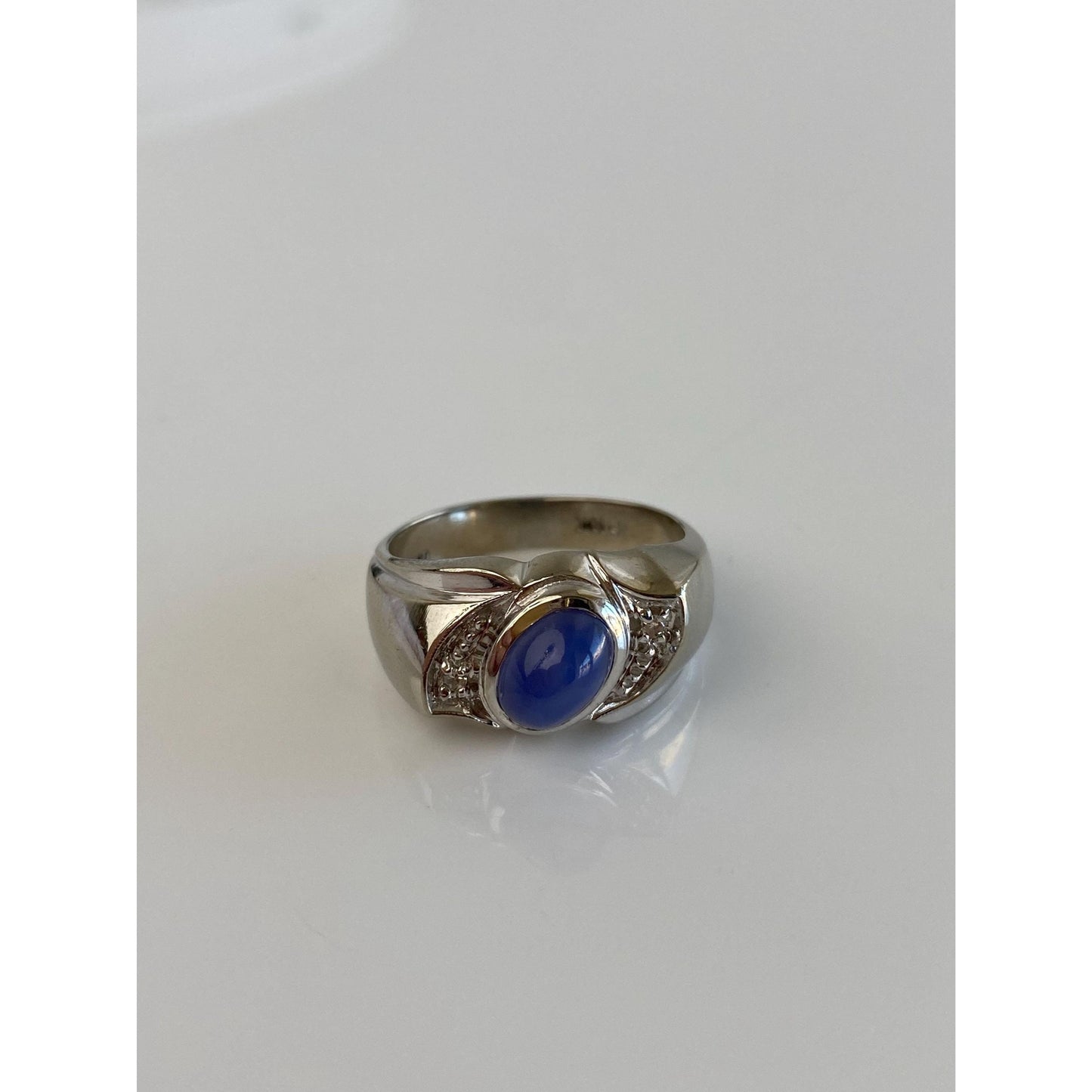 Vintage Solid 10k White Gold Diamond Blue Star Sapphire Ring Band - Size 7.5