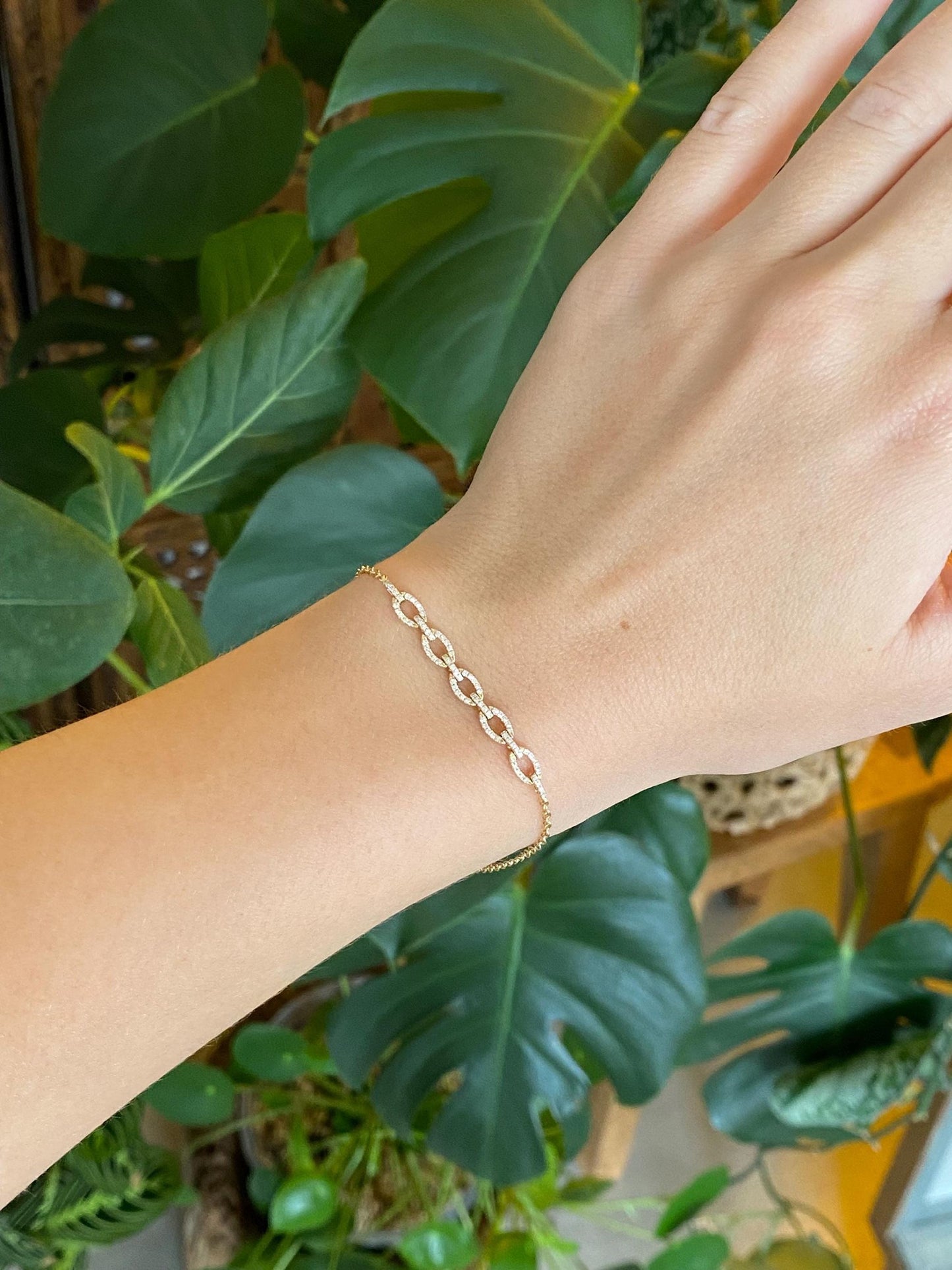 Vintage Solid 14k Yellow Gold Diamonds Link Rolo Chain Bracelet - 7 inches