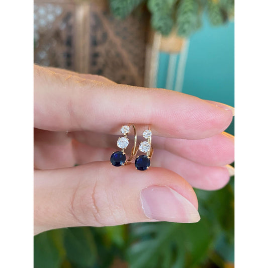 Solid 14k Yellow Gold Sapphire Clear Cubic Zirconia Drop Earrings