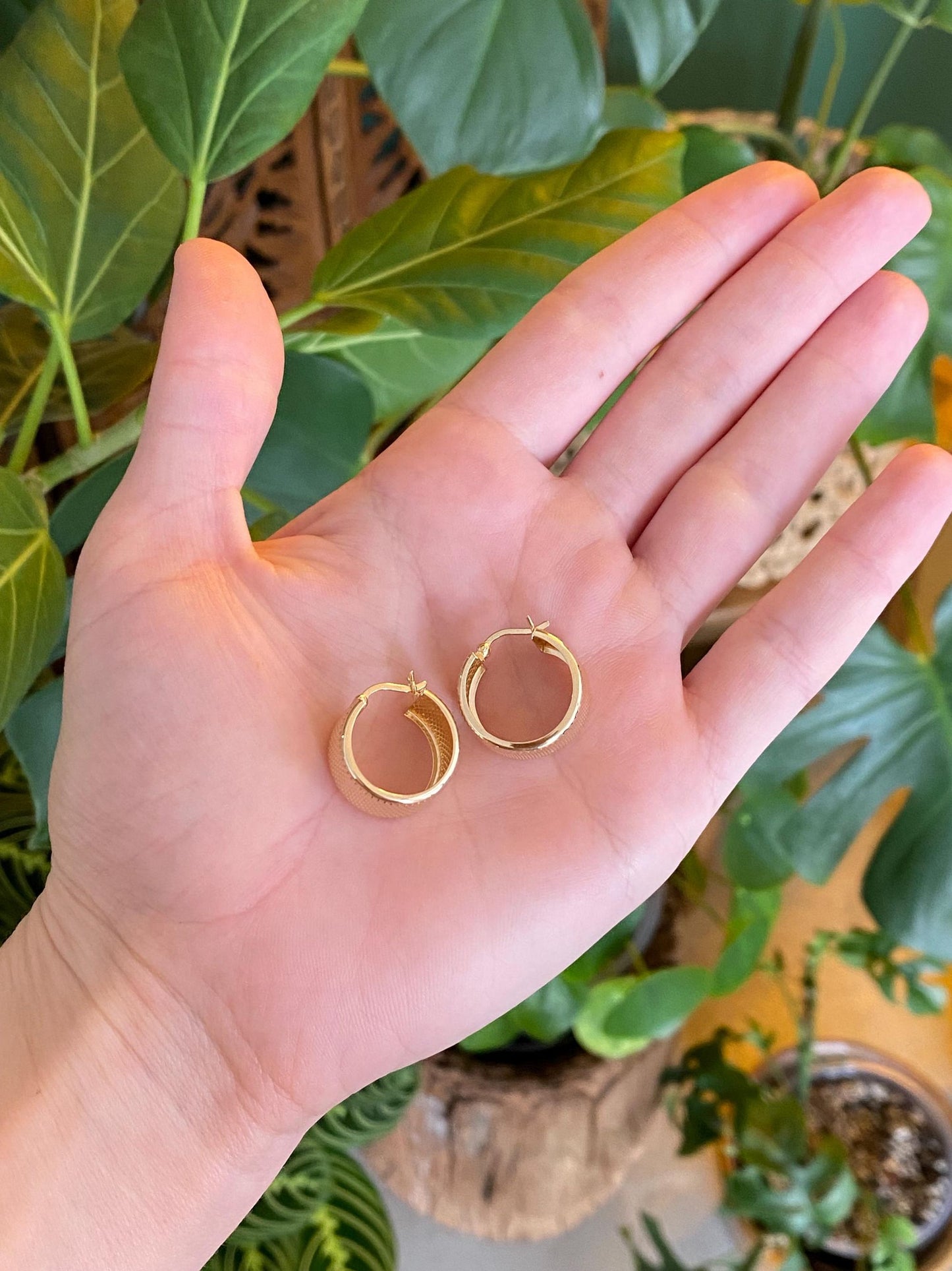 Vintage Solid 14k Yellow Gold Chunky Textured Hoop Earrings