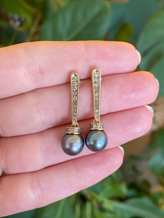 Vintage Solid 14k Yellow Gold Diamond Peacock Pearl Dangle Stud Earrings
