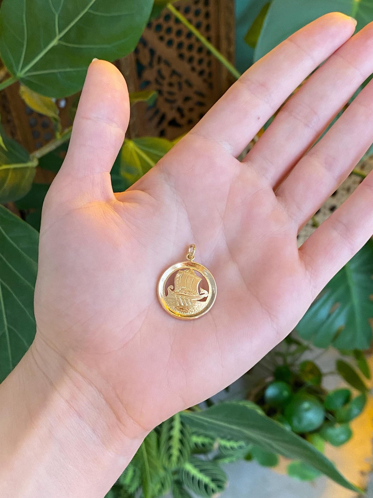 Vintage Solid 18k Yellow Gold Open Work Ship Charm