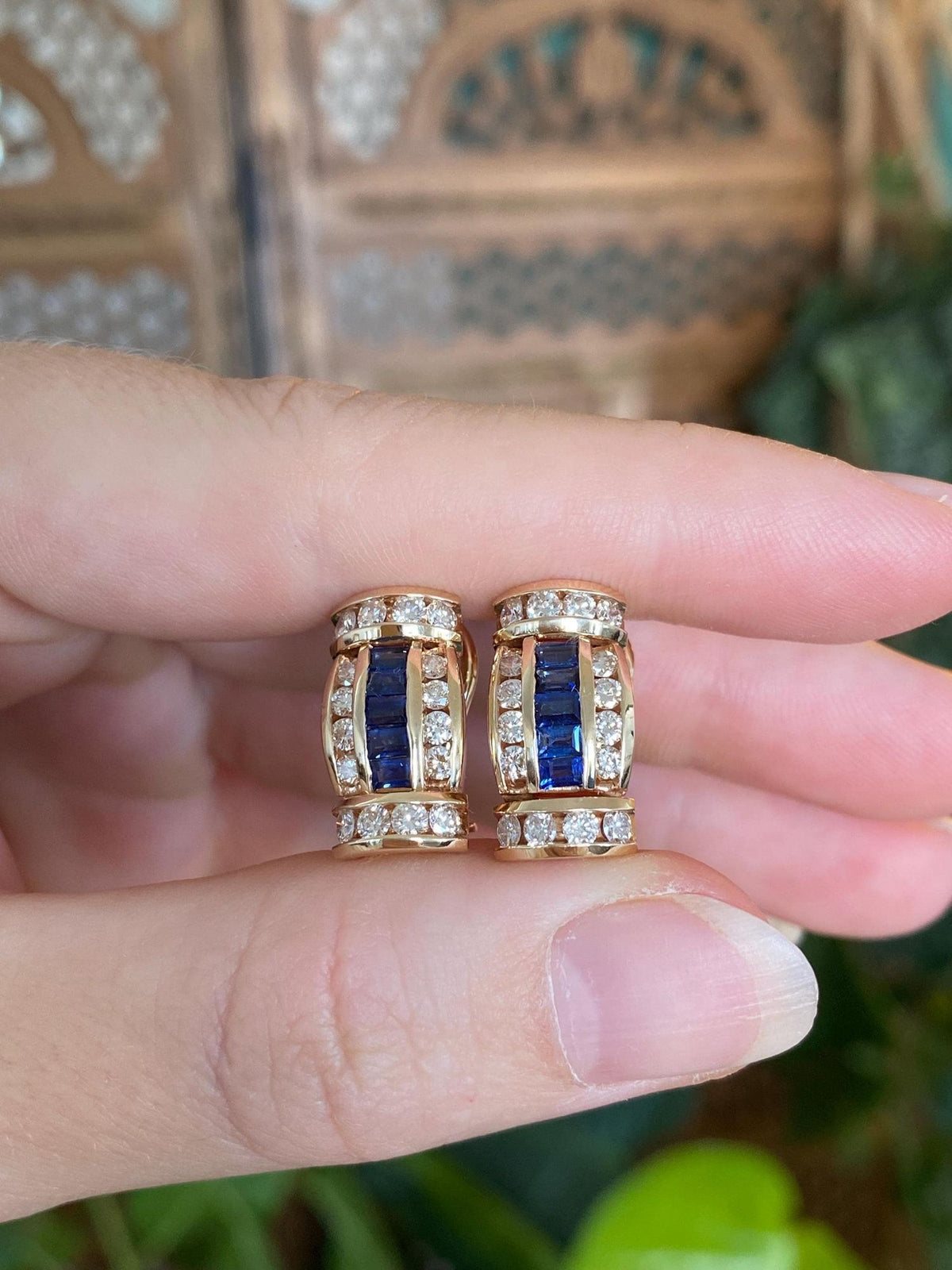 Vintage Solid 14k Yellow Gold Diamonds Blue Sapphire Drop Earrings