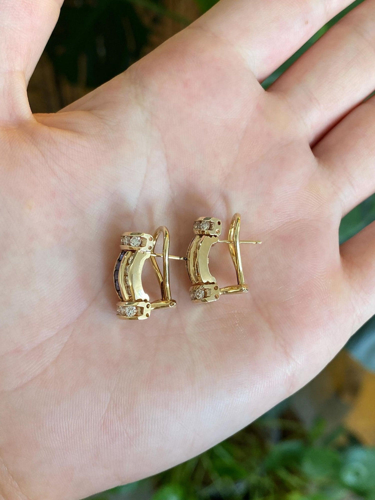 Vintage Solid 14k Yellow Gold Diamonds Blue Sapphire Drop Earrings