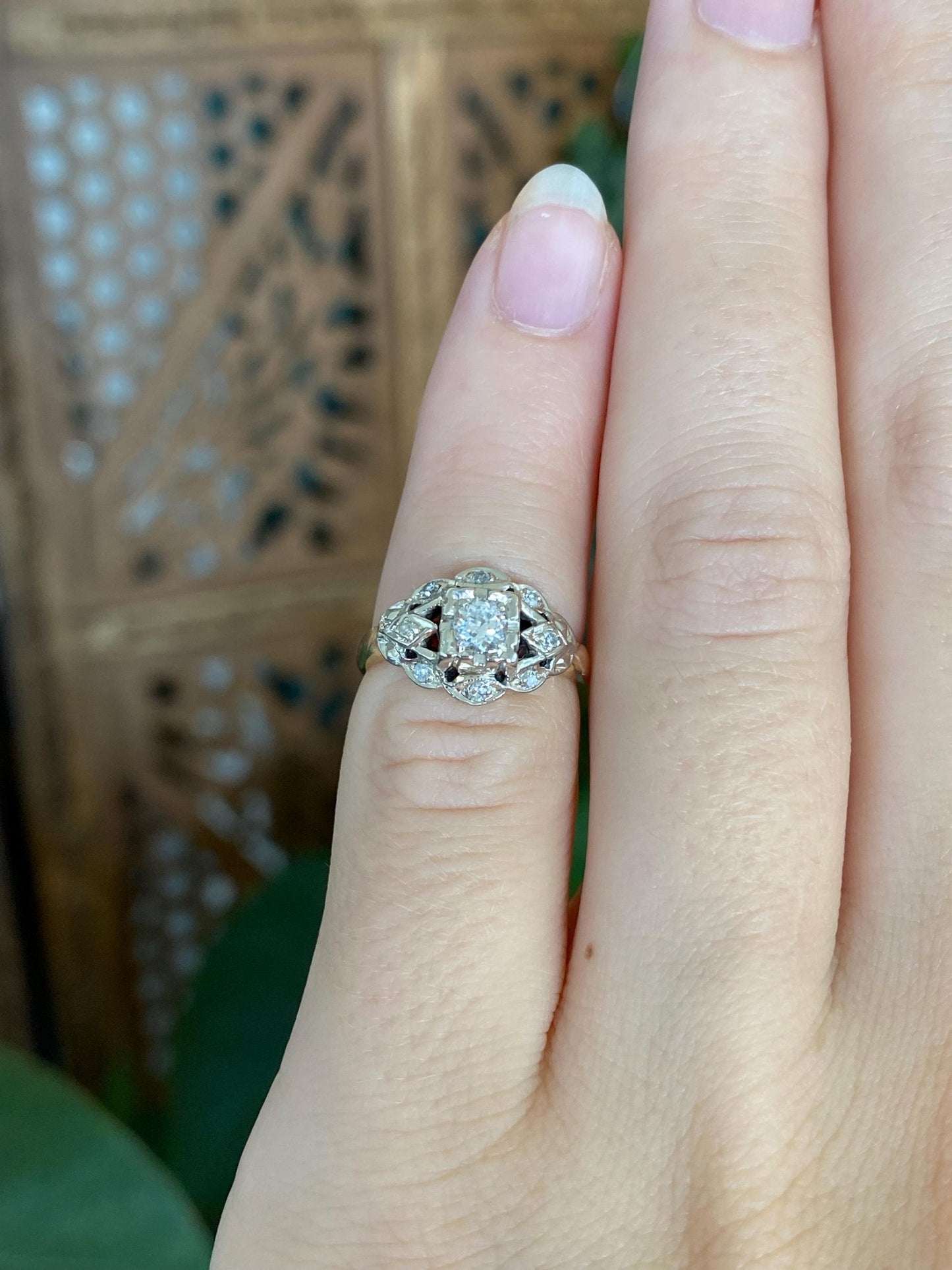 Vintage Solid 14k White & Yellow Gold Diamond Art Deco Style Ring - Size 2.25