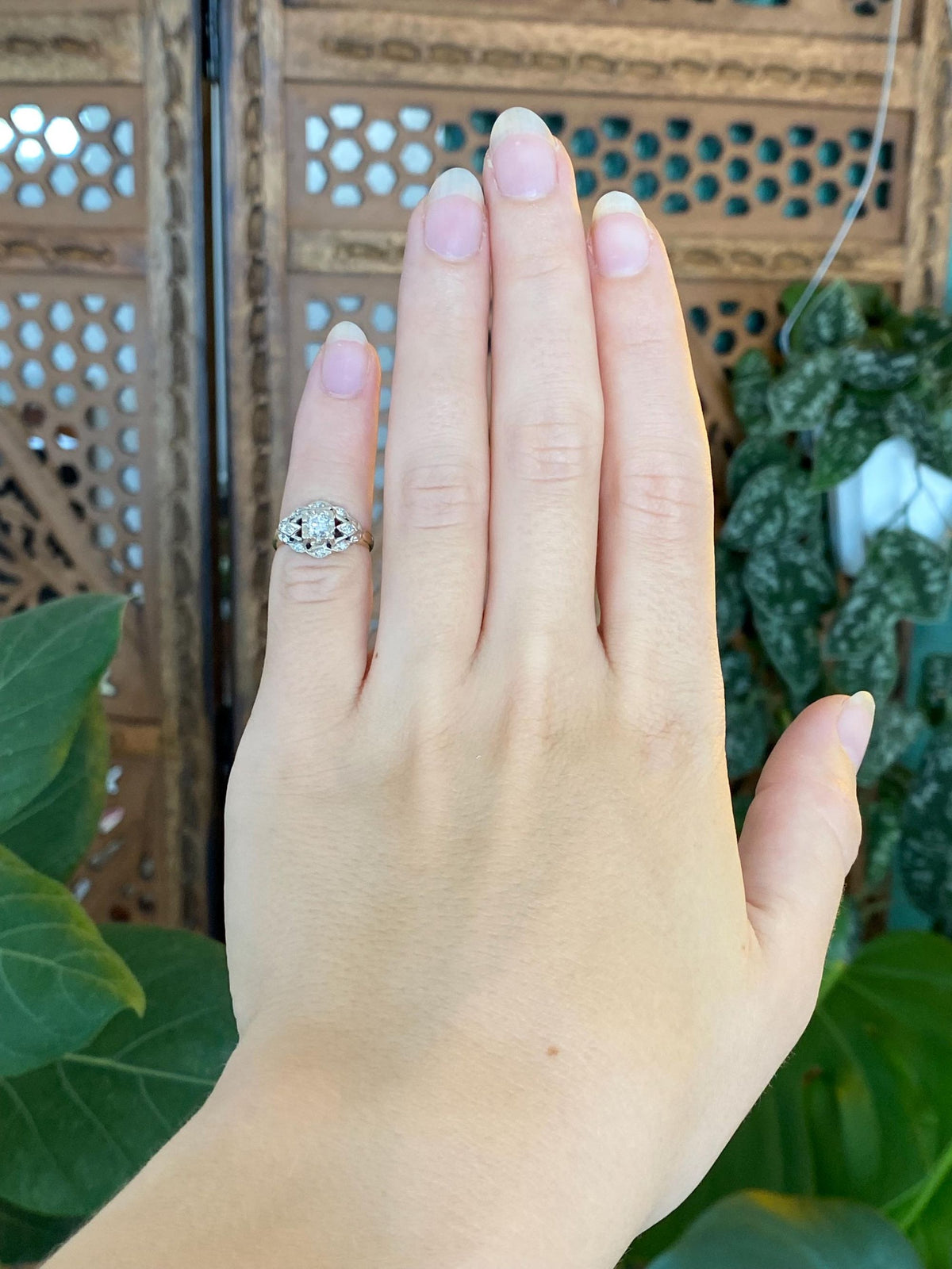 Vintage Solid 14k White & Yellow Gold Diamond Art Deco Style Ring - Size 2.25