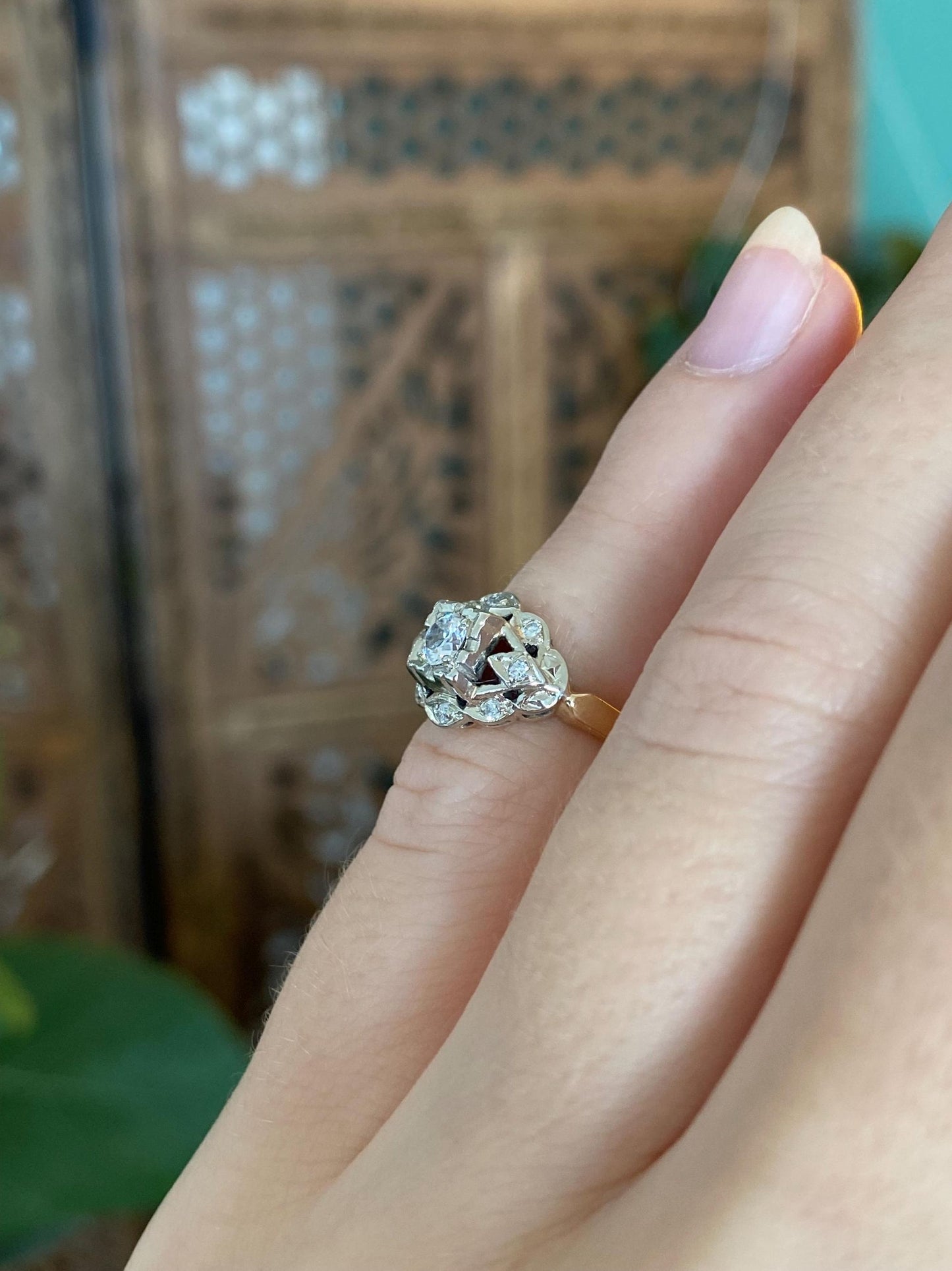 Vintage Solid 14k White & Yellow Gold Diamond Art Deco Style Ring - Size 2.25