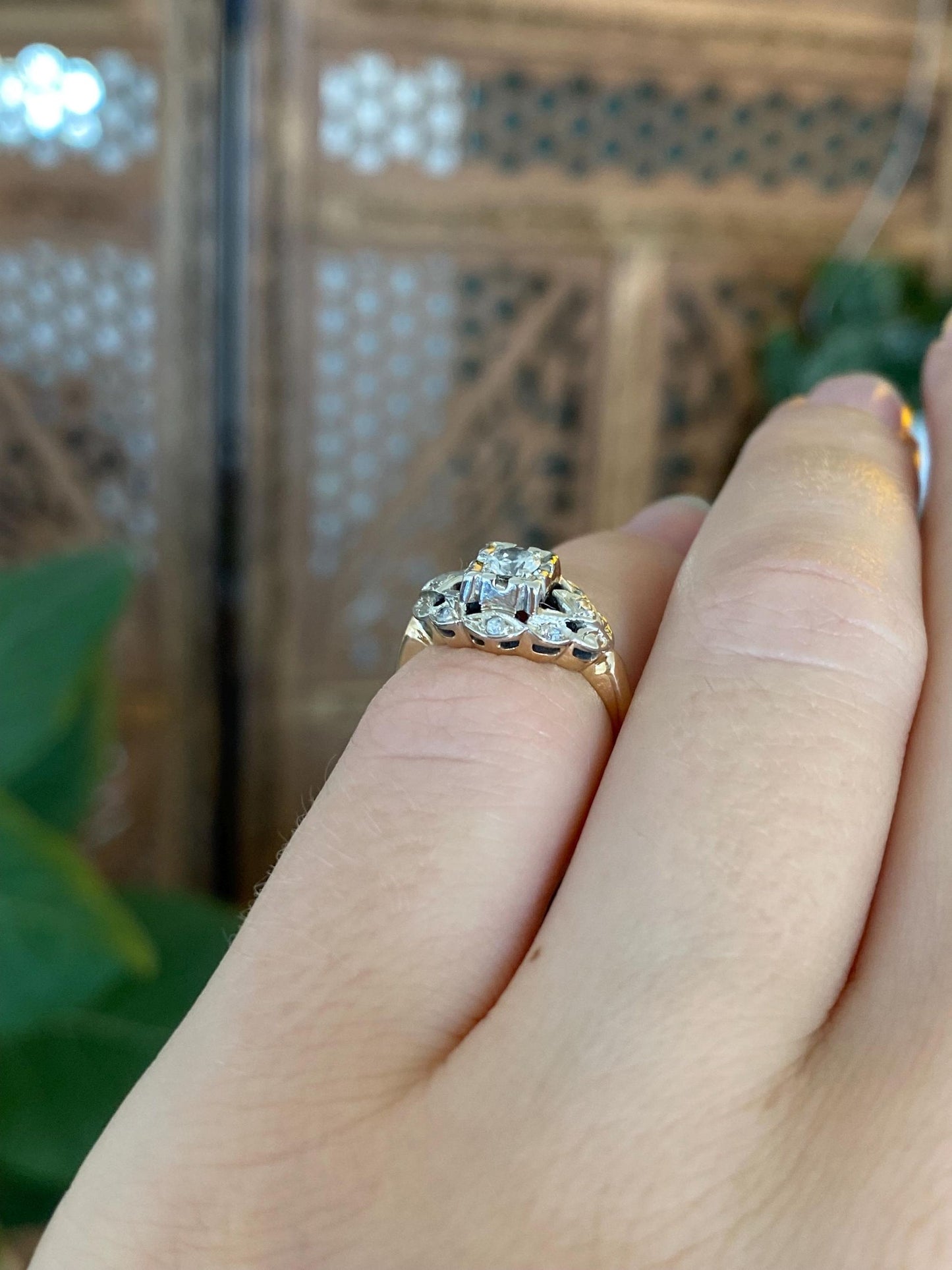 Vintage Solid 14k White & Yellow Gold Diamond Art Deco Style Ring - Size 2.25