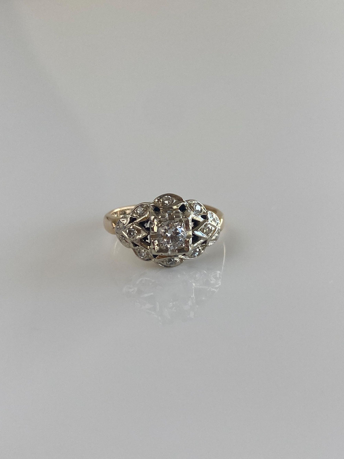 Vintage Solid 14k White & Yellow Gold Diamond Art Deco Style Ring - Size 2.25