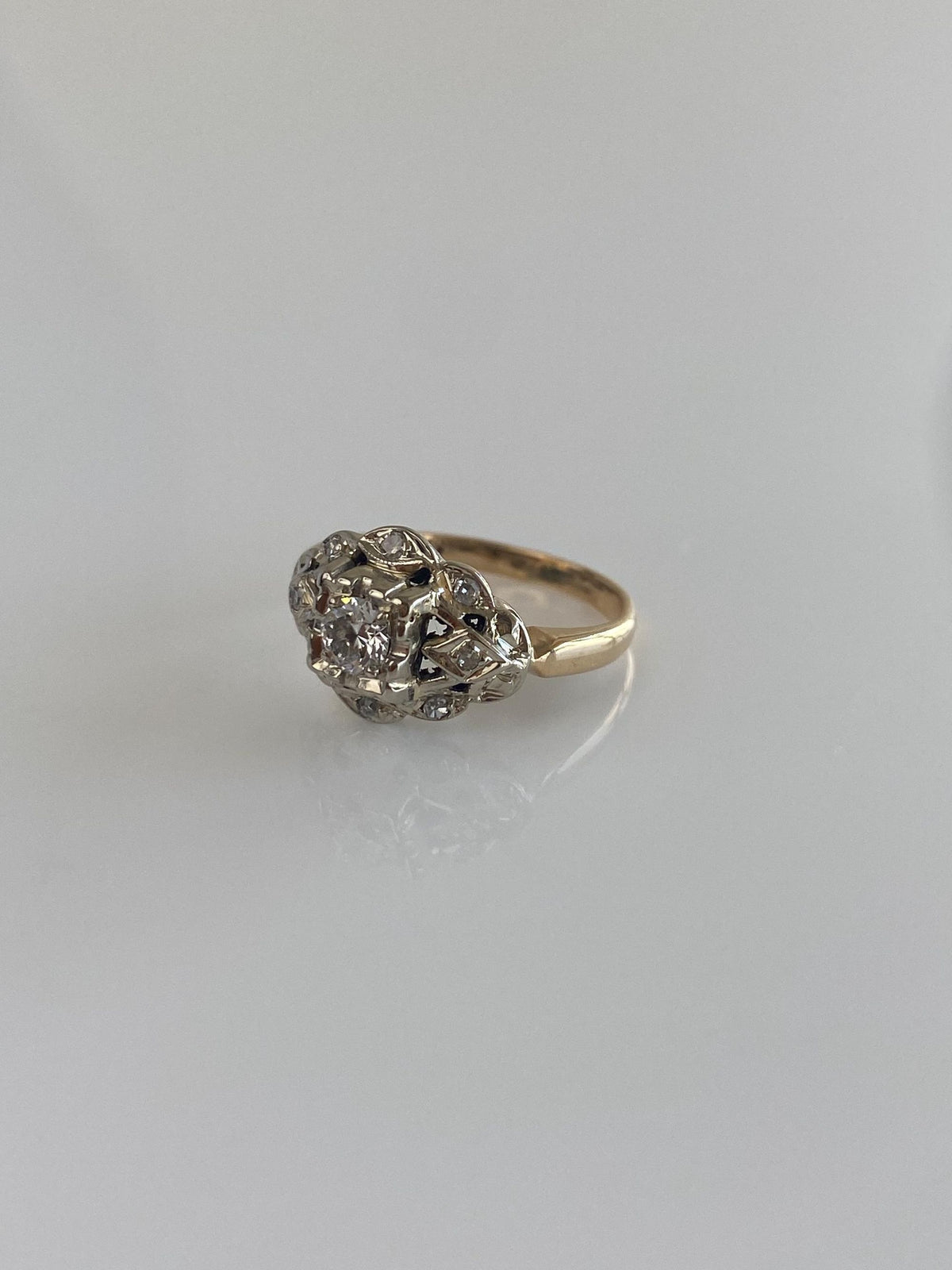Vintage Solid 14k White & Yellow Gold Diamond Art Deco Style Ring - Size 2.25