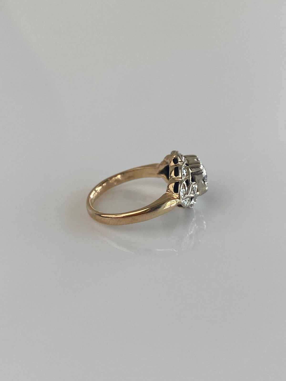 Vintage Solid 14k White & Yellow Gold Diamond Art Deco Style Ring - Size 2.25