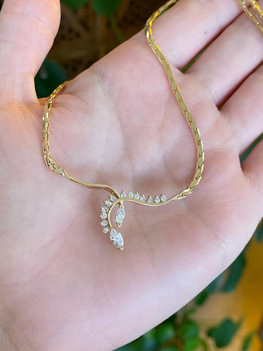 Vintage Solid 14k Yellow Gold Marquise Diamond Fancy Flat Chain Necklace - 15 inches