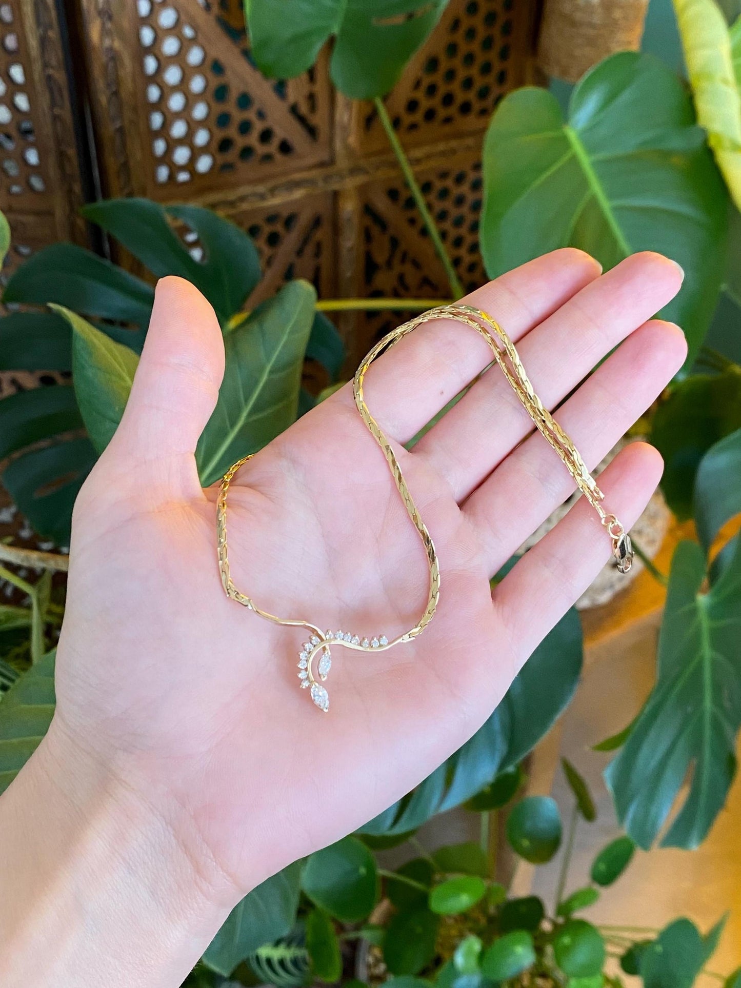 Vintage Solid 14k Yellow Gold Marquise Diamond Fancy Flat Chain Necklace - 15 inches