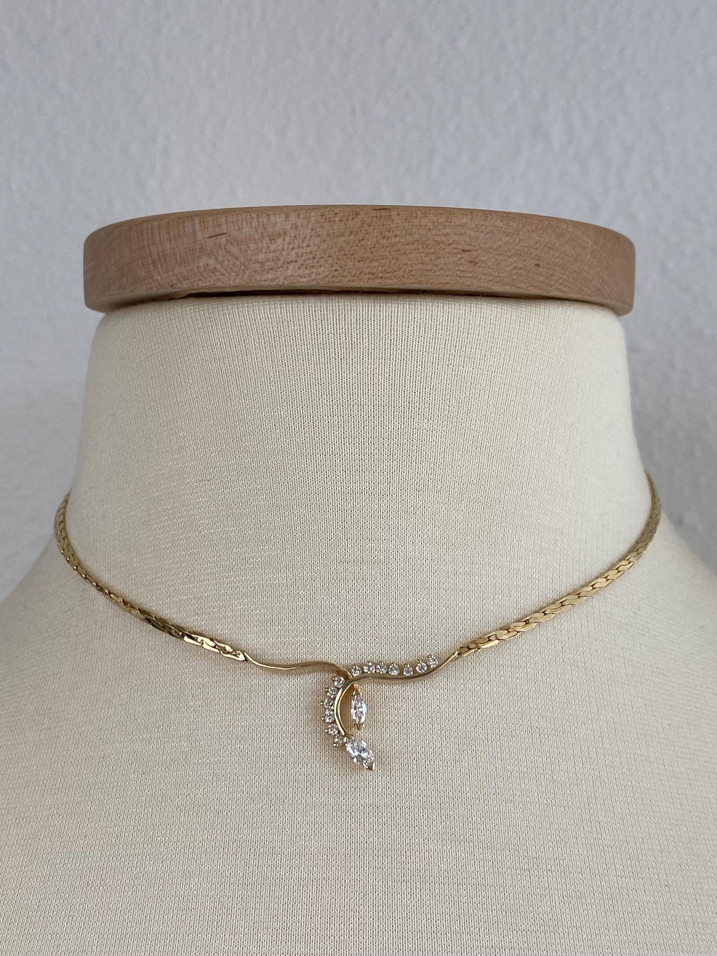 Vintage Solid 14k Yellow Gold Marquise Diamond Fancy Flat Chain Necklace - 15 inches