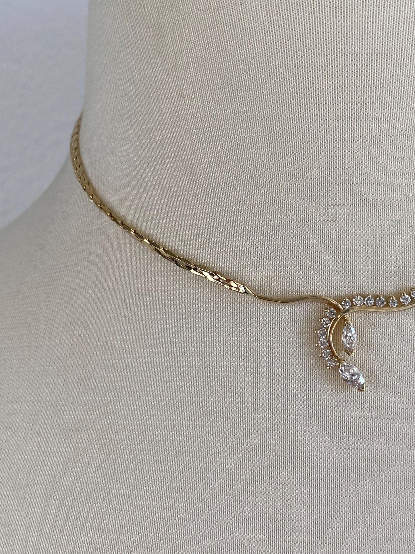 Vintage Solid 14k Yellow Gold Marquise Diamond Fancy Flat Chain Necklace - 15 inches