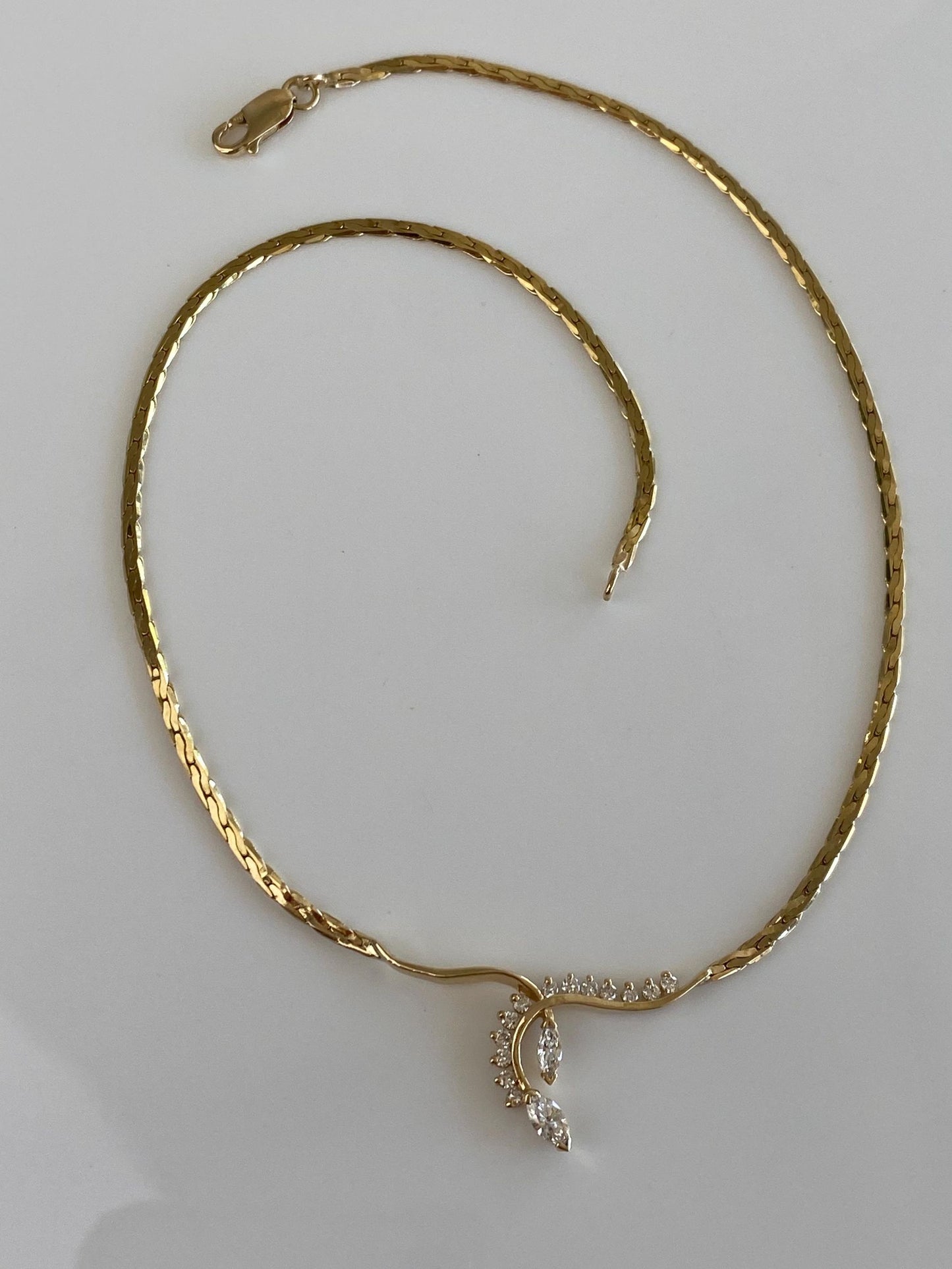 Vintage Solid 14k Yellow Gold Marquise Diamond Fancy Flat Chain Necklace - 15 inches