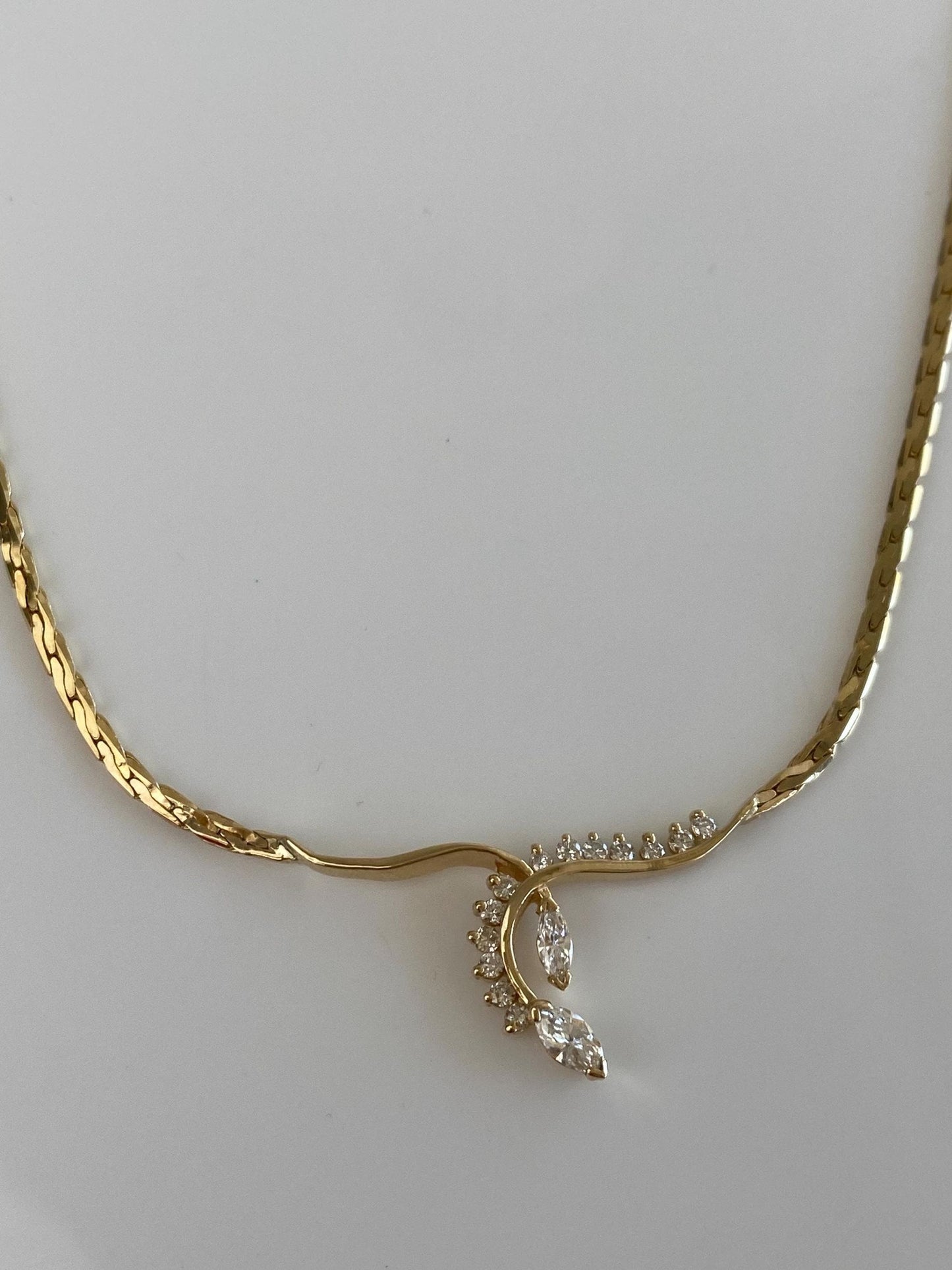 Vintage Solid 14k Yellow Gold Marquise Diamond Fancy Flat Chain Necklace - 15 inches