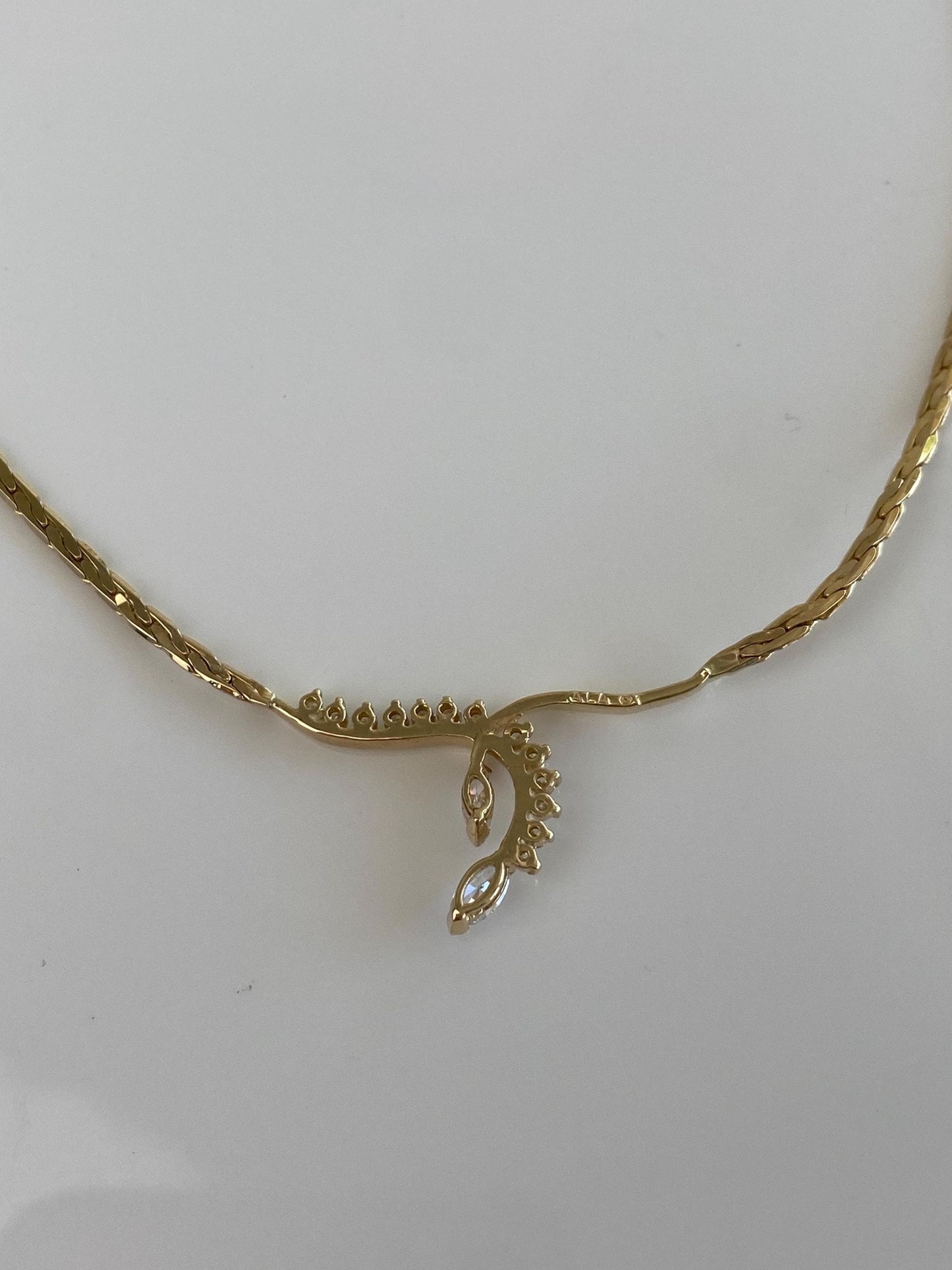Vintage Solid 14k Yellow Gold Marquise Diamond Fancy Flat Chain Necklace - 15 inches