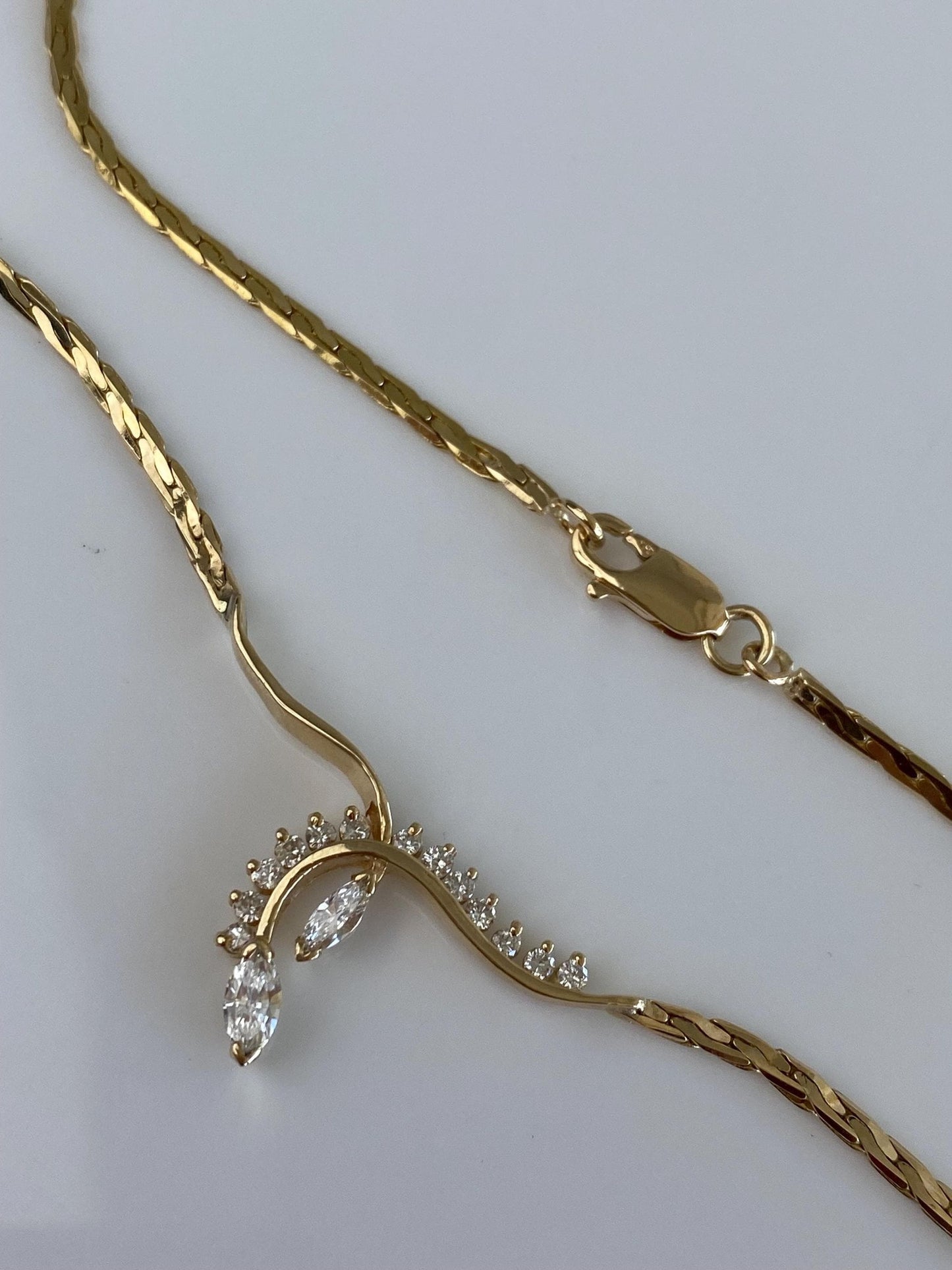 Vintage Solid 14k Yellow Gold Marquise Diamond Fancy Flat Chain Necklace - 15 inches