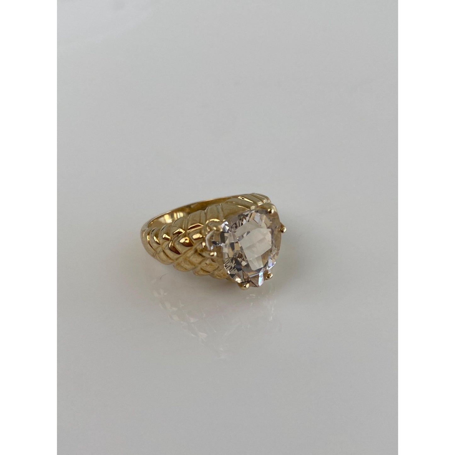 Vintage Solid 10k Yellow Gold Clear Quartz Textured Ring Band - Size 4.75