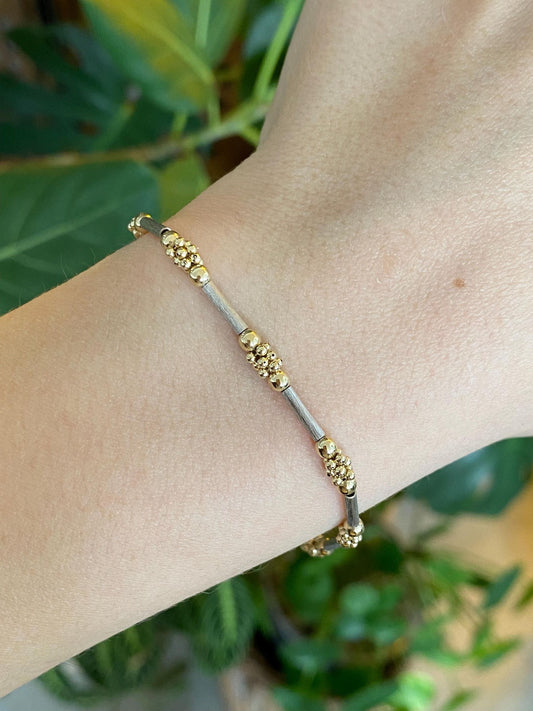 Vintage Solid 14k White & Yellow Gold Tube and Round Bead Bracelet - 7 inches