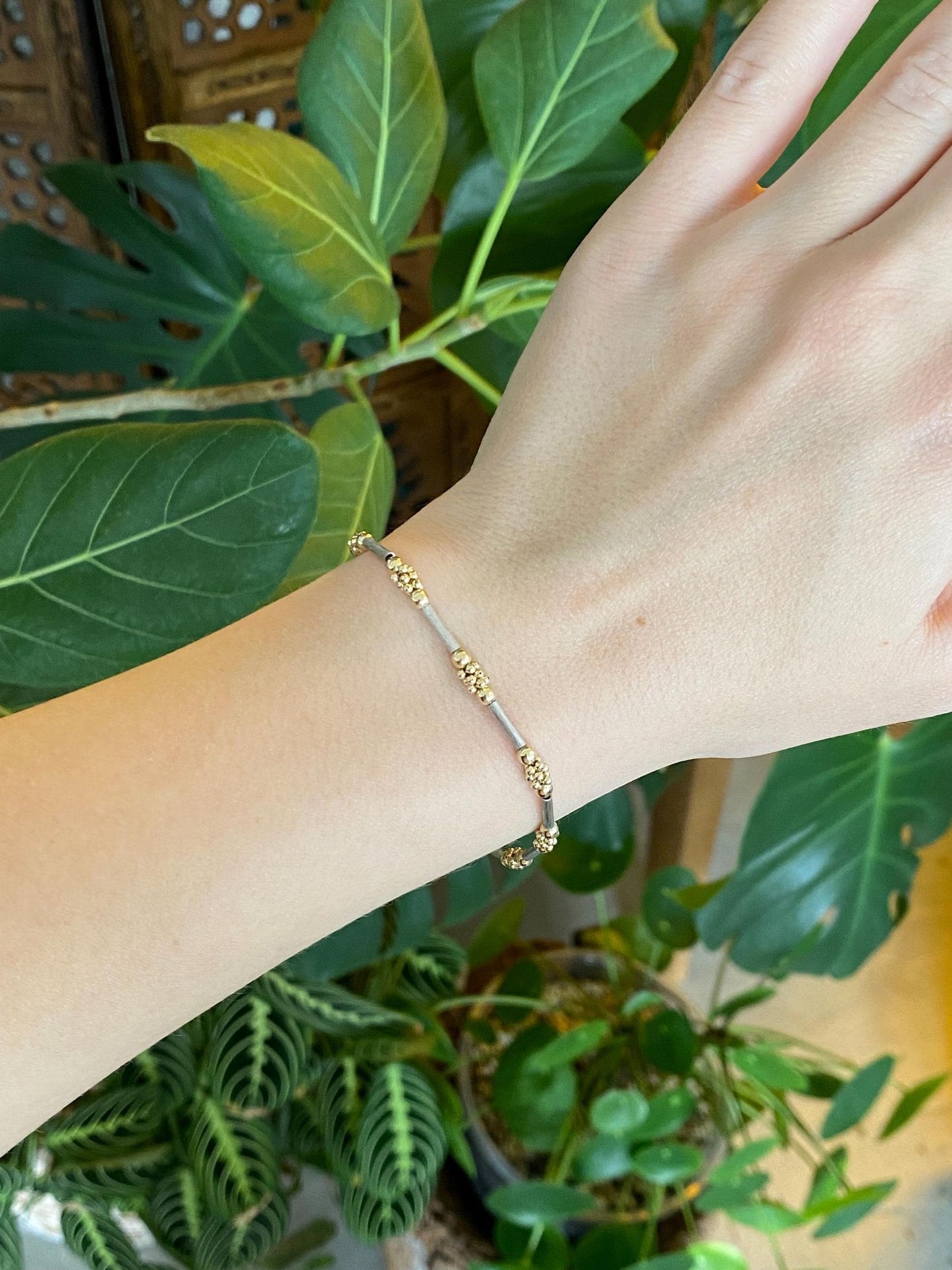 Vintage Solid 14k White & Yellow Gold Tube and Round Bead Bracelet - 7 inches