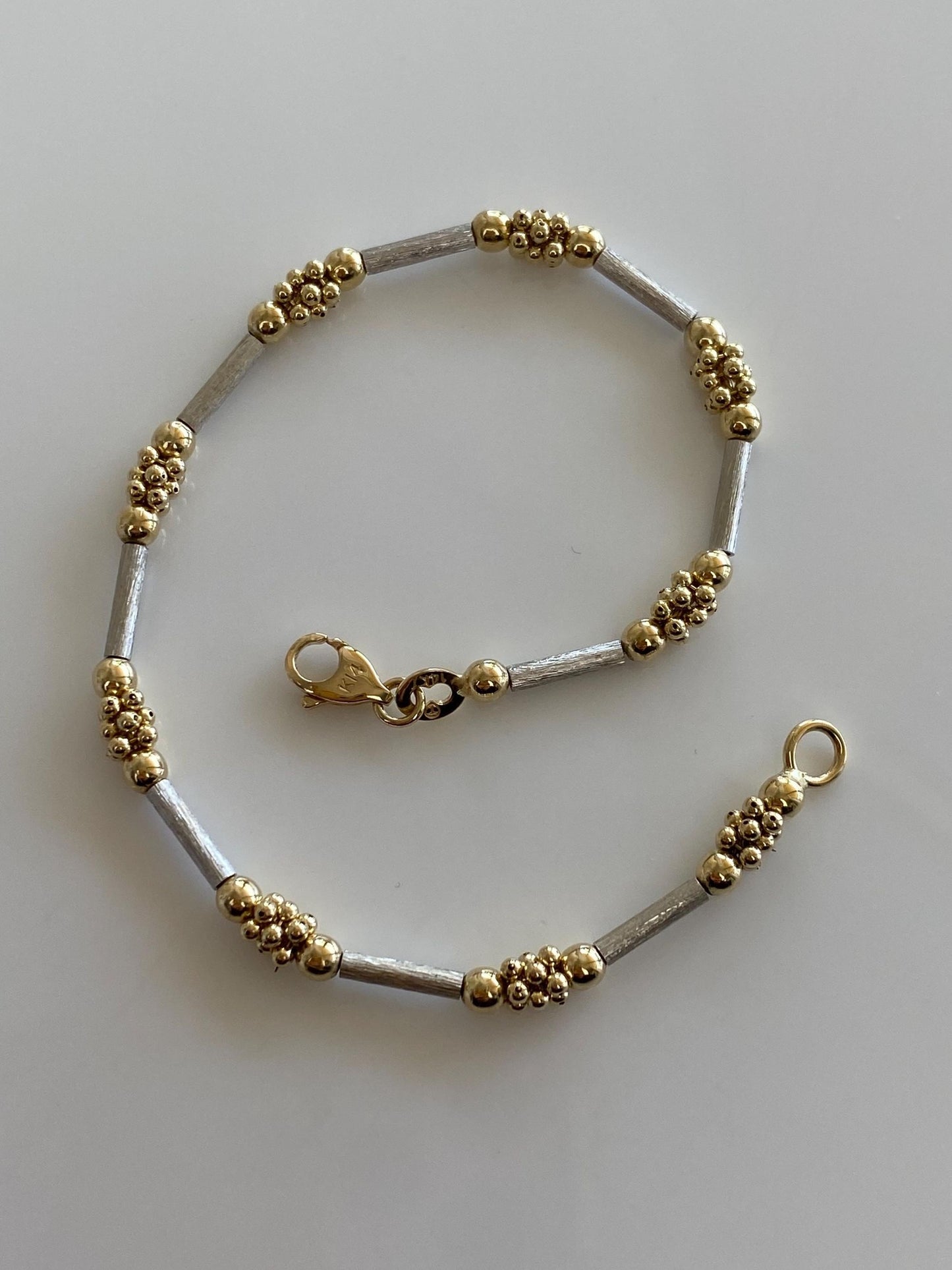 Vintage Solid 14k White & Yellow Gold Tube and Round Bead Bracelet - 7 inches