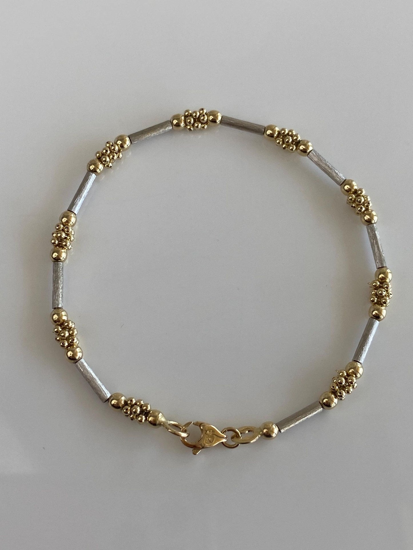 Vintage Solid 14k White & Yellow Gold Tube and Round Bead Bracelet - 7 inches