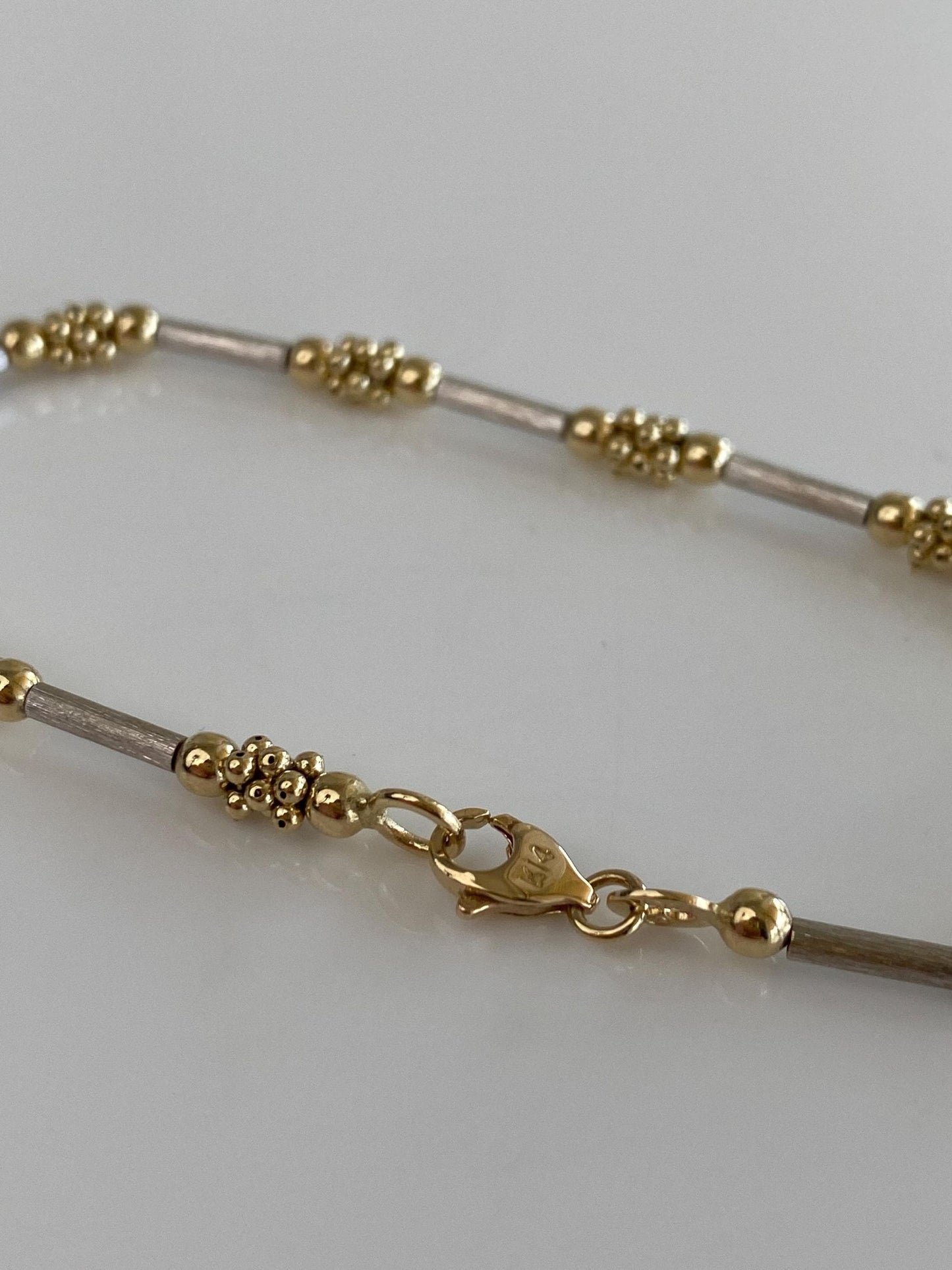 Vintage Solid 14k White & Yellow Gold Tube and Round Bead Bracelet - 7 inches