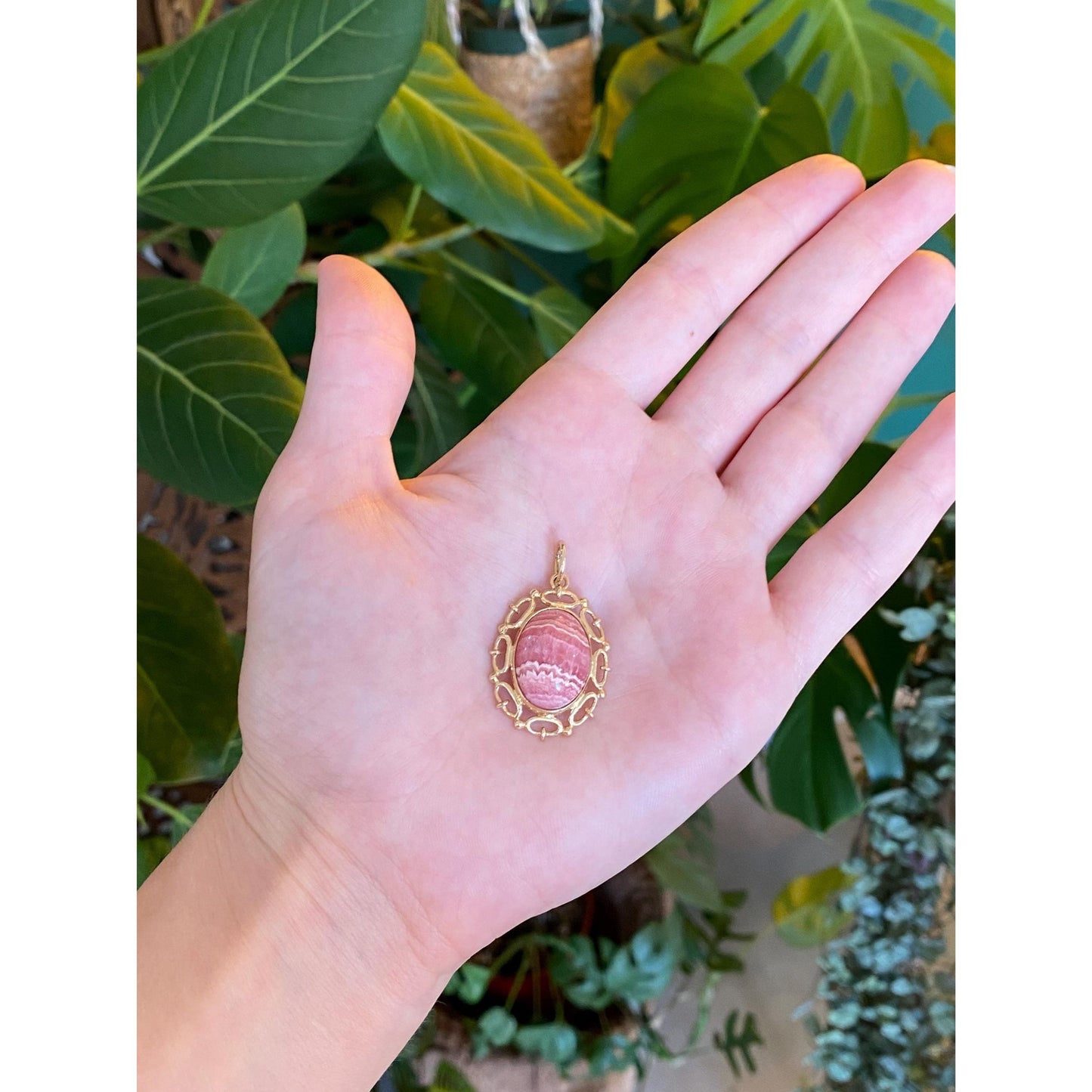 Vintage Solid 10k Yellow Gold Rhodochrosite Cabochon Charm