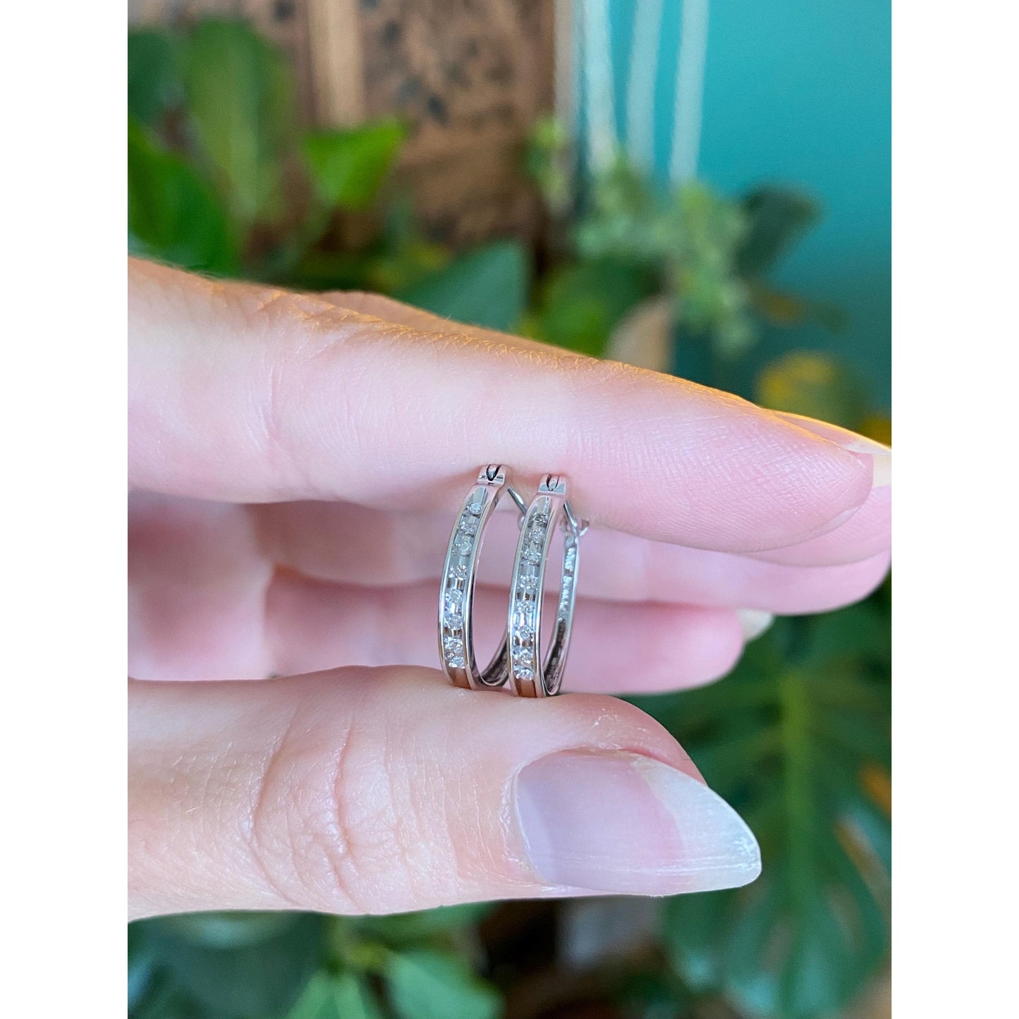 Vintage Solid 10k White Gold Clear Sapphire Hoop Earrings