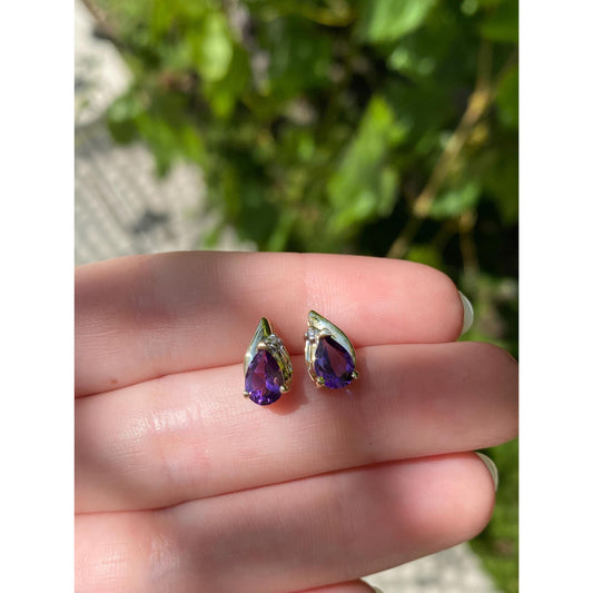Vintage Solid 10k Yellow Gold Diamond Amethyst Stud Earrings
